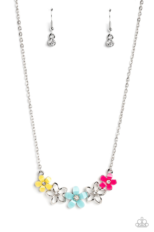 Paparazzi Accessories WILDFLOWER About You - Blue Airy silver flowers with white gem centers intermingle with Primrose, Pink Peacock, and Waterspout smooth acrylic flowers that also bloom around dainty white gem centers for a colorfully floral display bel