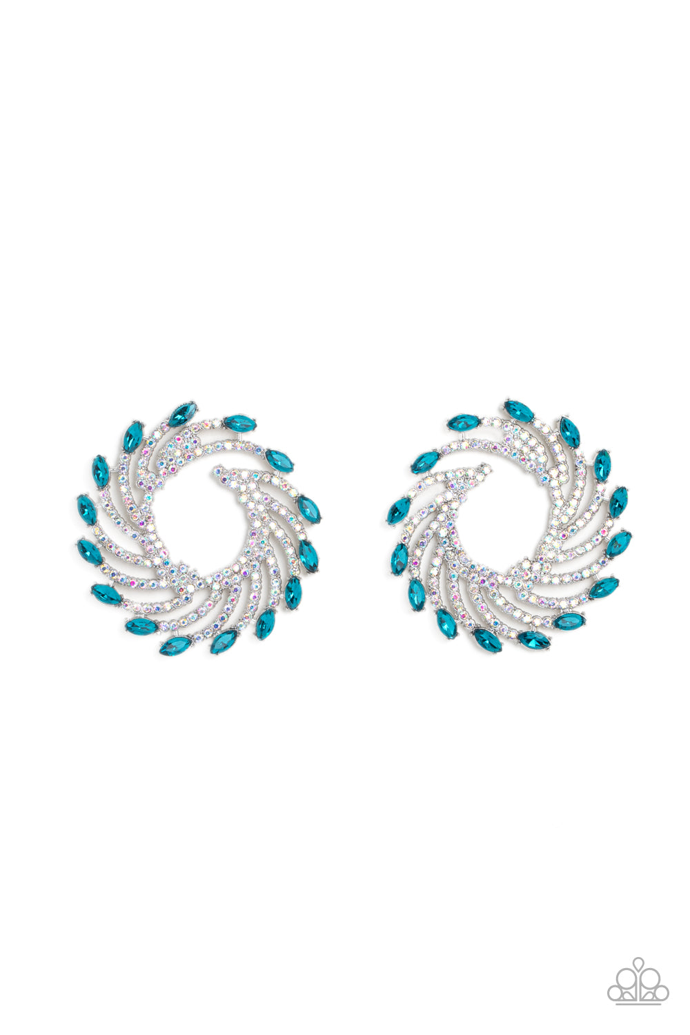 Paparazzi Accessories Firework Fanfare - Blue Shimmery strands of silver spin out from an airy center, creating an exaggerated firework-like display at the ear. An explosion of dainty iridescent rhinestones lines the swirls and curves of the shimmery disp