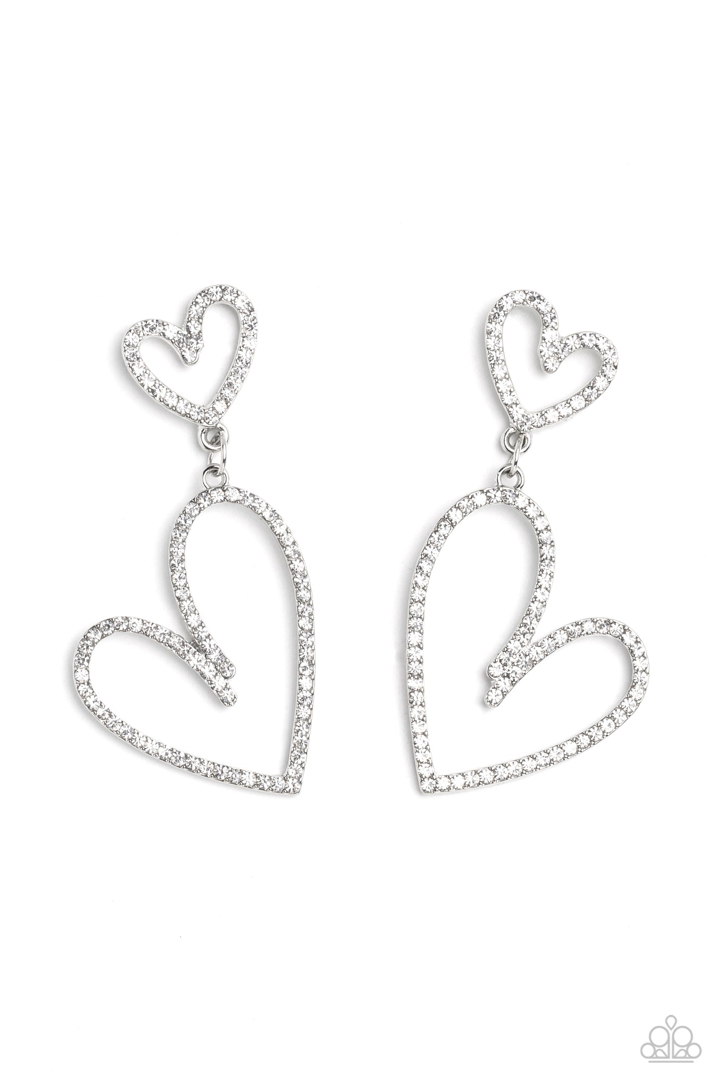 Paparazzi Accessories Doting Duo - White An oversized, rhinestone-encrusted shiny silver heart silhouette hangs from a smaller heart silhouette set in the same blinding shimmer for a romantic, eye-catching sparkle. Earring attaches to a standard post fitt