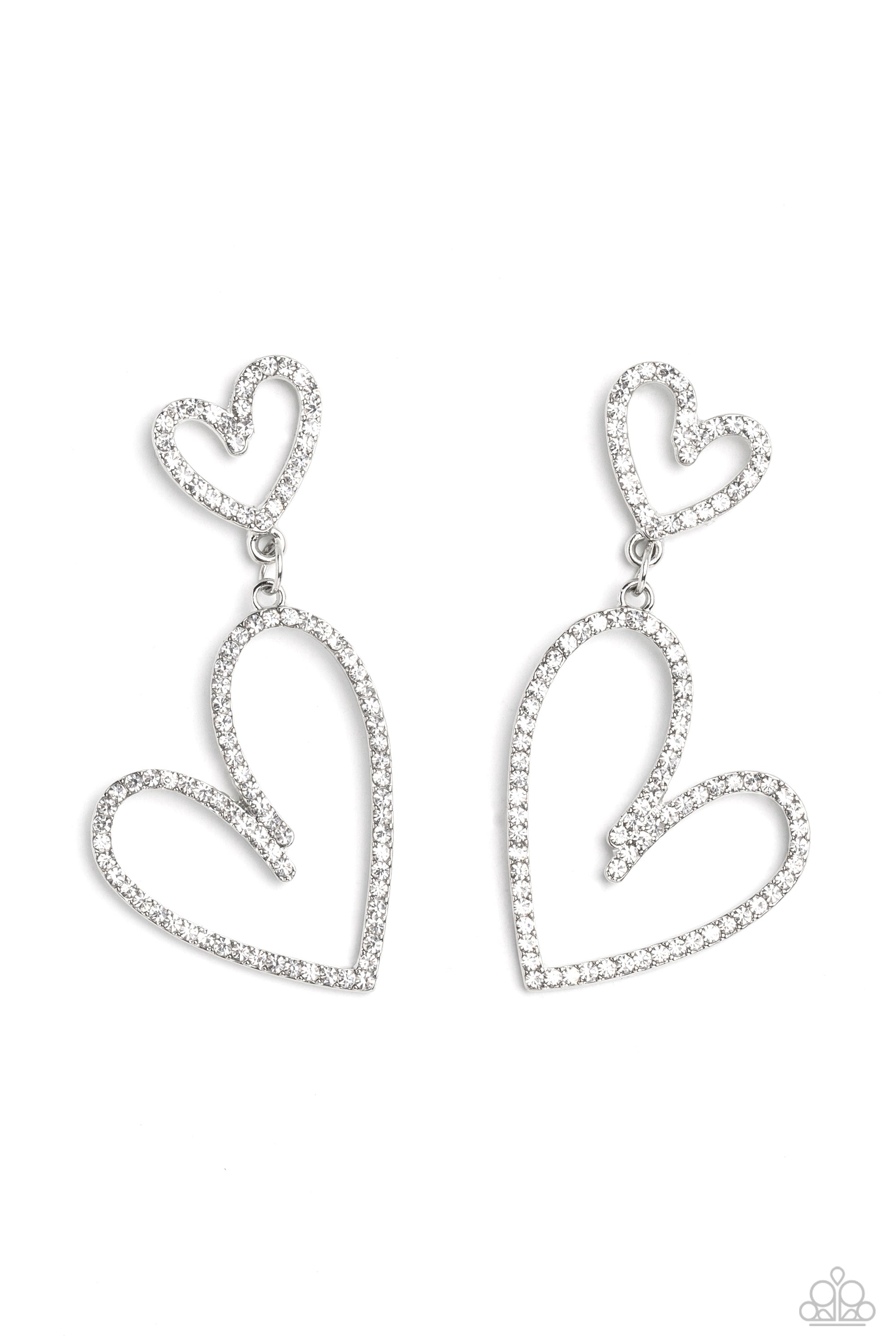 Paparazzi Accessories Doting Duo - White An oversized, rhinestone-encrusted shiny silver heart silhouette hangs from a smaller heart silhouette set in the same blinding shimmer for a romantic, eye-catching sparkle. Earring attaches to a standard post fitt