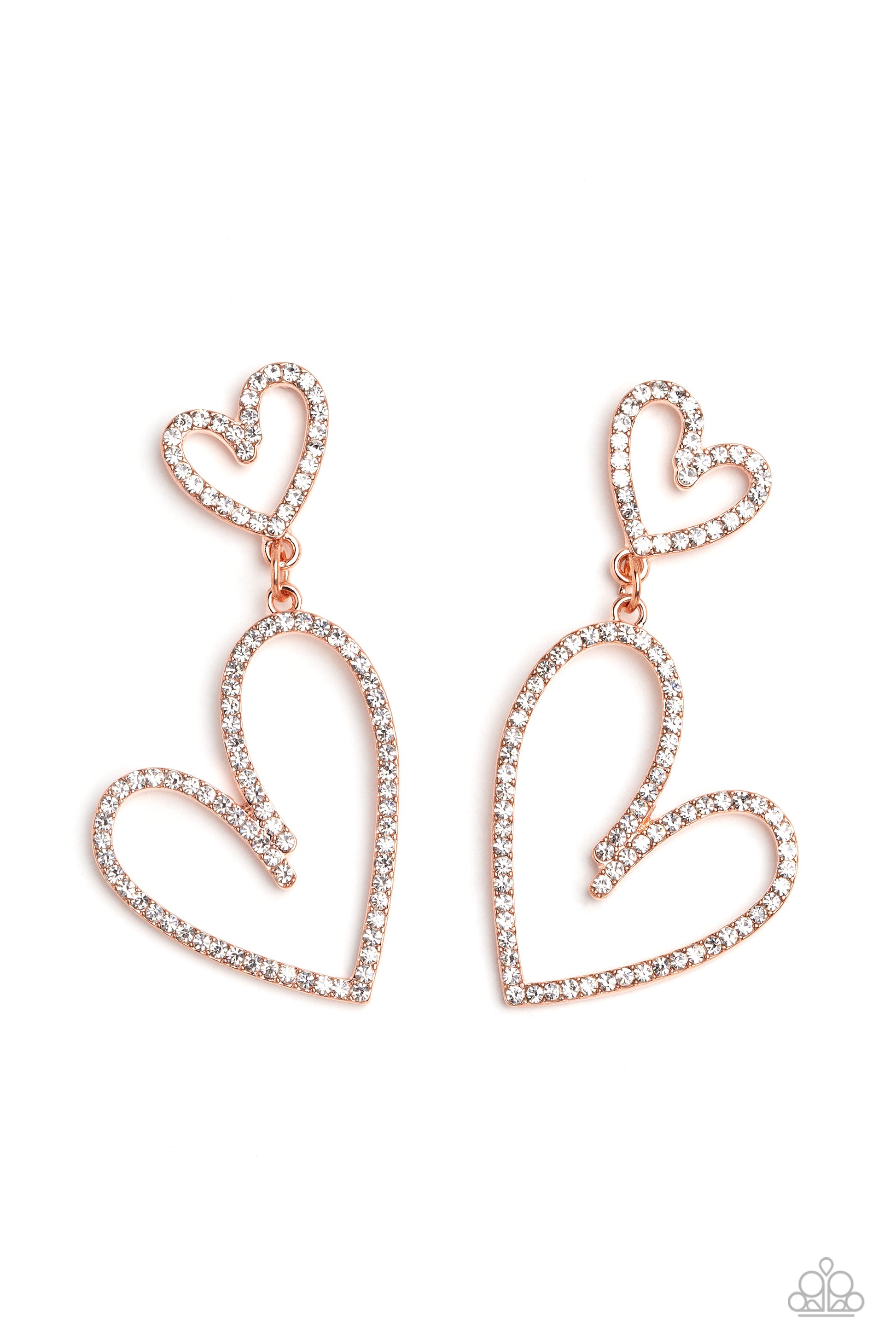 Paparazzi Accessories Doting Duo - Copper An oversized, rhinestone-encrusted shiny copper heart silhouette hangs from a smaller heart silhouette set in the same blinding shimmer for a romantic, eye-catching sparkle. Earring attaches to a standard post fit