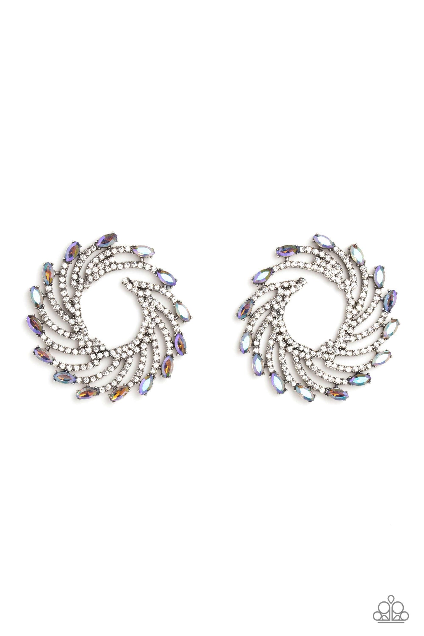 Paparazzi Accessories Firework Fanfare - Multi Shimmery strands of silver spin out from an airy center, creating an exaggerated firework-like display at the ear. An explosion of dainty white rhinestones lines the swirls and curves of the shimmery display