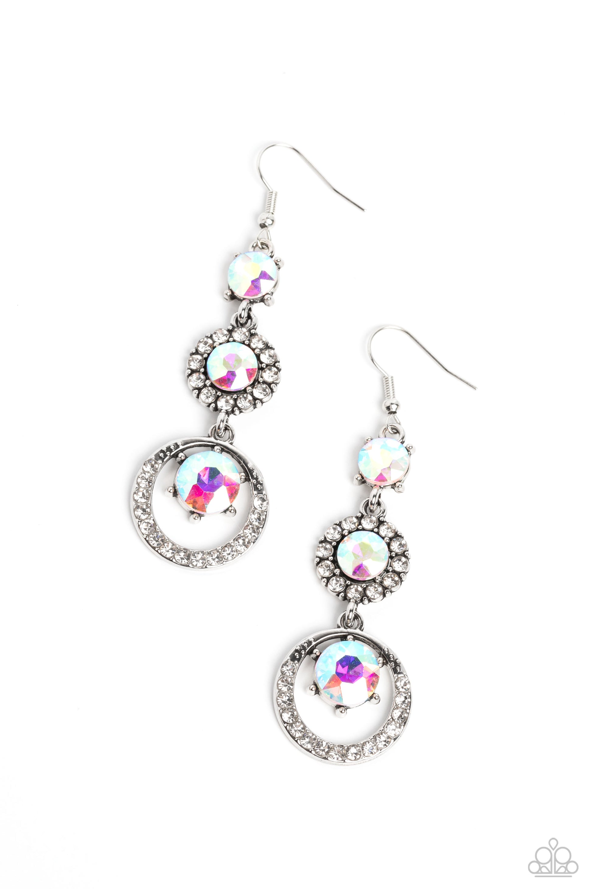 Paparazzi Accessories Enchanting Effulgence - Multi A glamorous collection of brilliant, round, iridescent gems drip down the ear, creating an irresistibly refined lure. The topmost gem features pronged fittings, followed by the center gem that is bordere