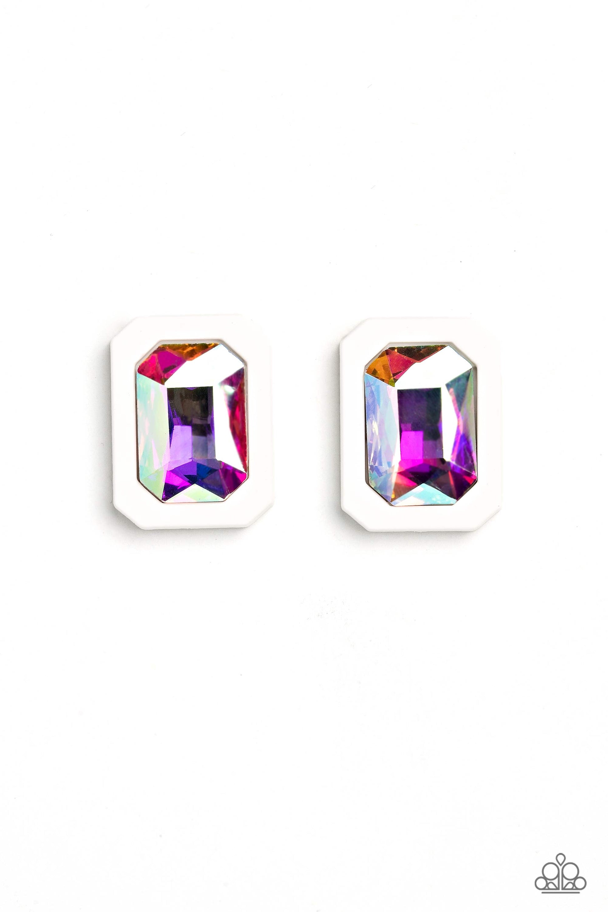 Paparazzi Accessories Edgy Emeralds - Multi Standing out against a white rubber backdrop, an oversized, faceted emerald-cut colorfully reflective gem shimmers and shines for an edgy sparkle against the ear. Earring attaches to a standard post fitting. Due