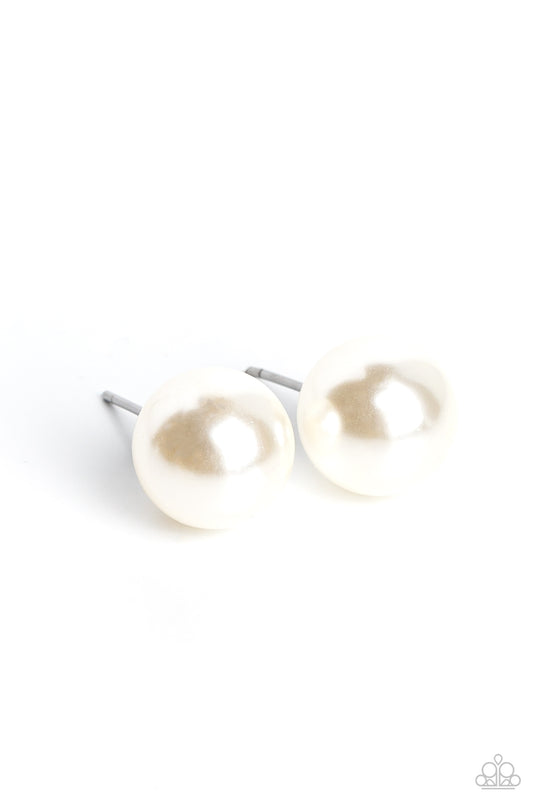 Paparazzi Accessories Debutante Details - White An oversized white pearl, stands out against the ear adding a timeless twist to a basic staple piece perfect for layering. Earring attaches to a standard post fitting. Sold as one pair of post earrings. Jewe