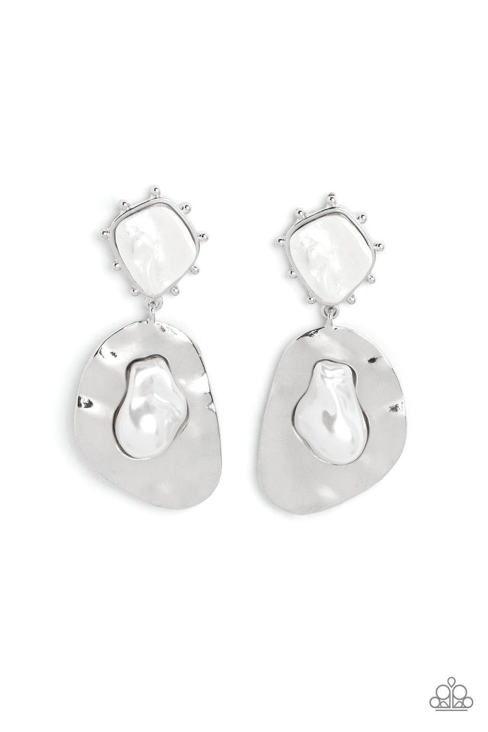Paparazzi Accessories Rippling Rhapsody - White An oversized hammered, asymmetrical silver disc dangles from a more dainty, asymmetrical silver frame, accented with raised silver studs around its edges. Pressed in the center of the studded display, an abs