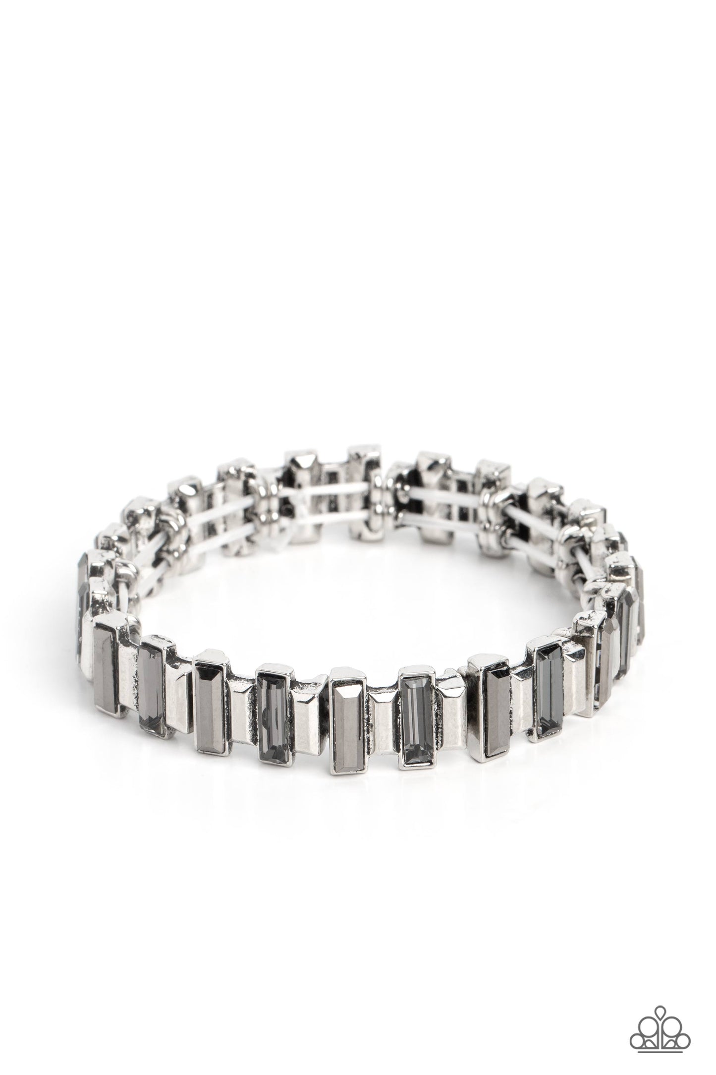 Paparazzi Accessories BURSTING the Midnight Oil - Silver Set in clusters around the wrist on elastic stretchy bands, a collection of shiny silver bars with a metallic finish and smoky bars with a reflective finish glimmer for an industrial, glitzy, statem