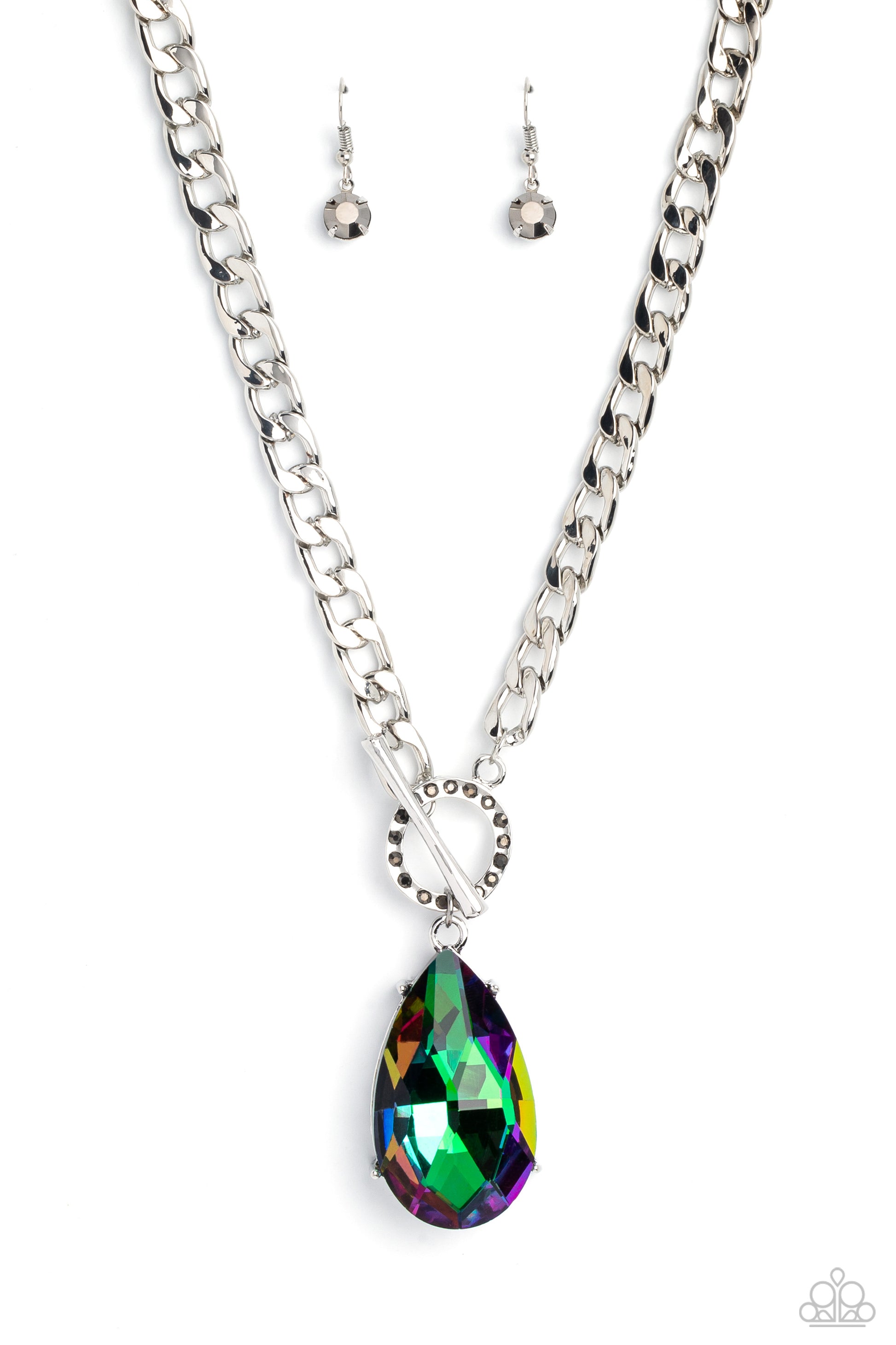 Paparazzi Accessories Edgy Exaggeration - Multi Featuring an elegant lariat closure, an oversized, faceted, stellar UV shimmery teardrop gem, encased in an elevated pronged silver frame cascades from the bottom of a silver curb chain in a whimsical fashio