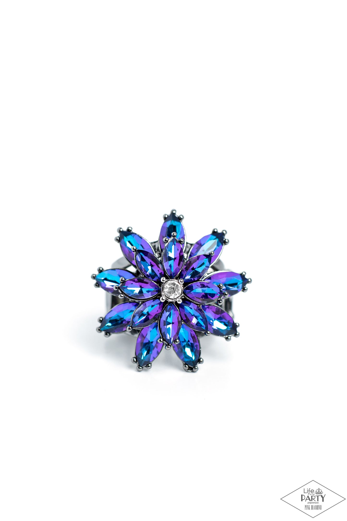 Paparazzi Accessories Am I GLEAMing? - Multi Glittery blue iridescent rhinestone petals stack into a glamorous floral frame atop the finger, creating a blinding centerpiece. Features a stretchy band for a flexible fit. Due to its prismatic palette, color