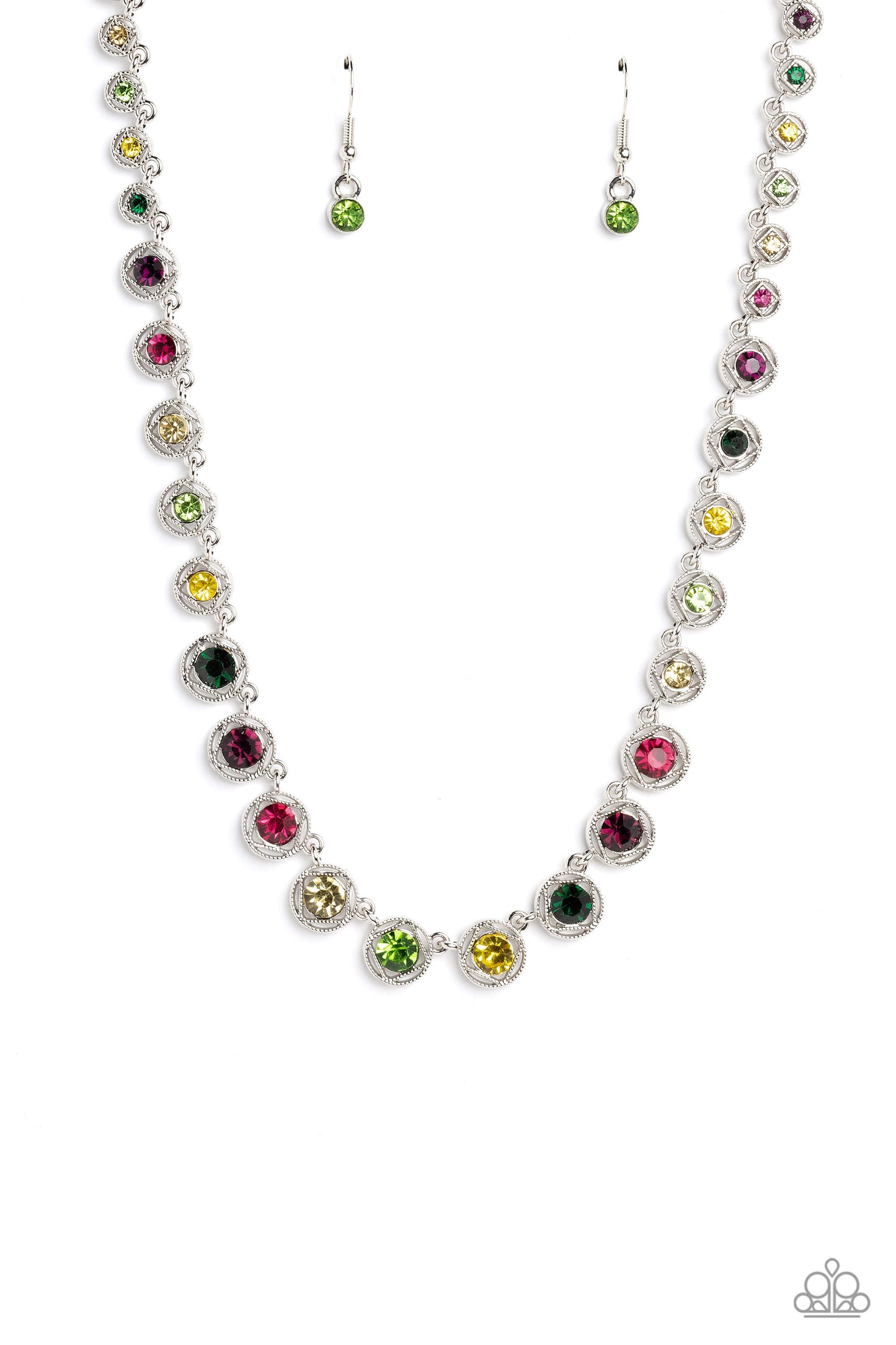 Paparazzi Accessories Kaleidoscope Charm - Multi Spanning around the entirety of the neckline, a refined collection of colorful rhinestones are pressed into airy, studded, silver square frames, tilted on their sides for a three-dimensional shimmer. The fr
