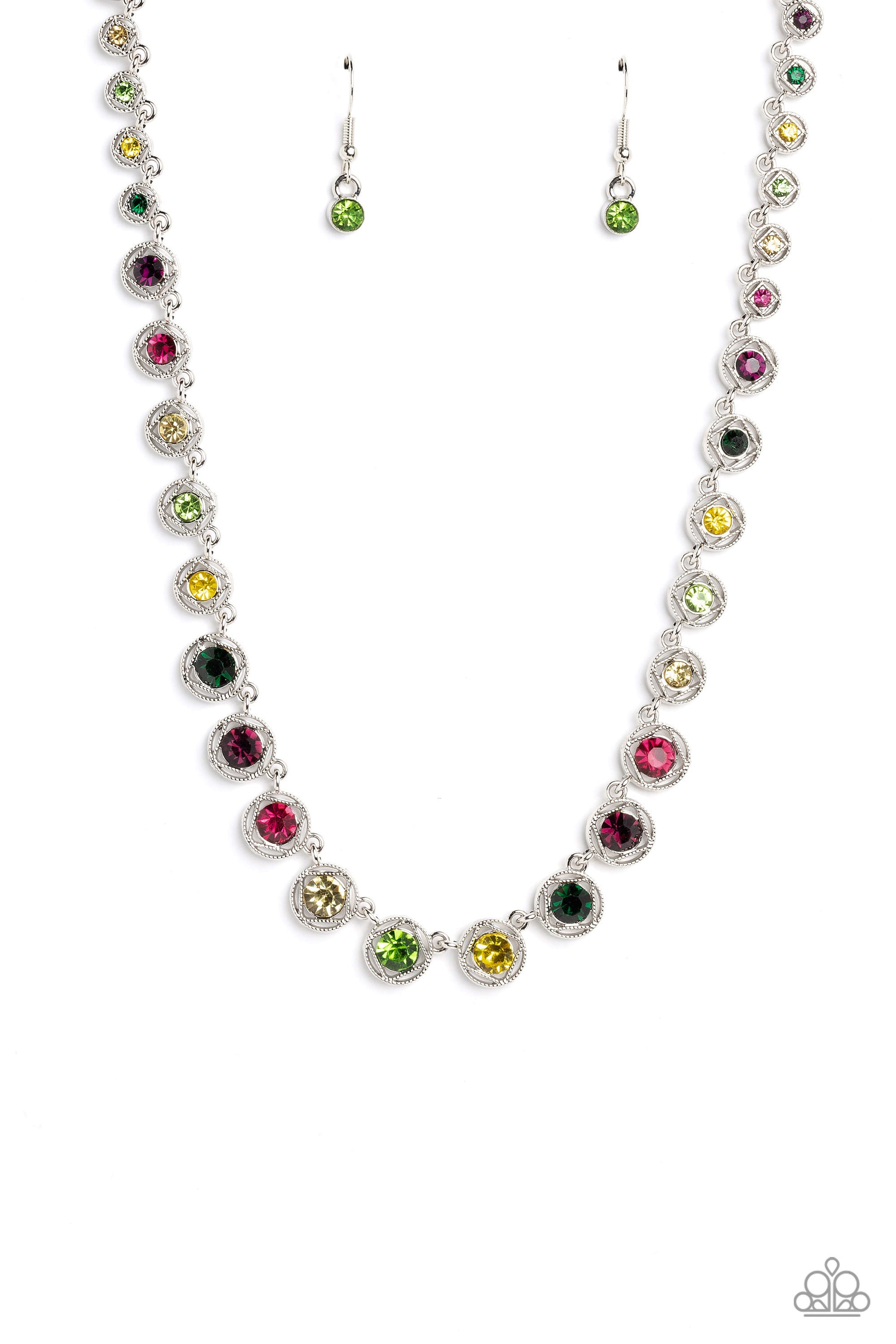 Paparazzi Accessories Kaleidoscope Charm - Multi Spanning around the entirety of the neckline, a refined collection of colorful rhinestones are pressed into airy, studded, silver square frames, tilted on their sides for a three-dimensional shimmer. The fr