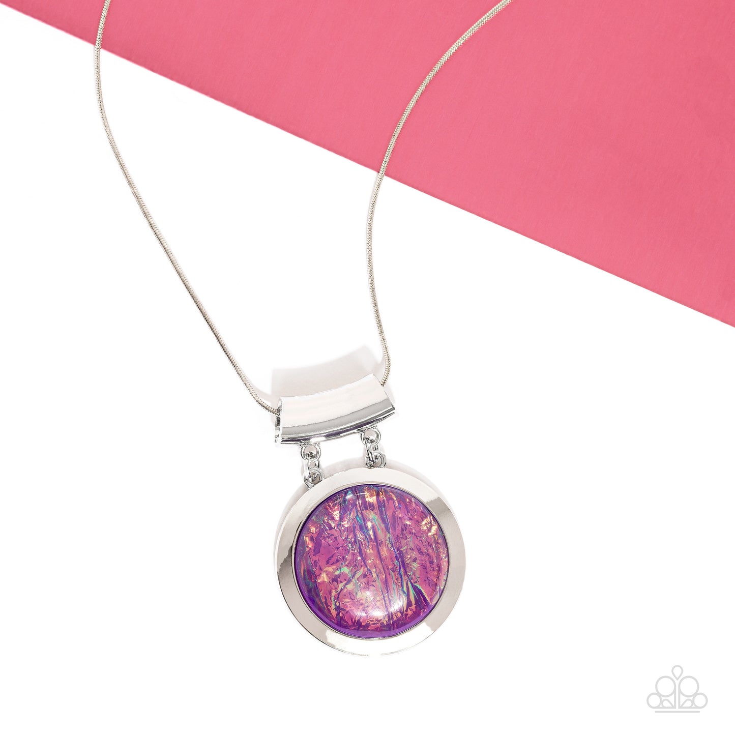 Paparazzi Accessories Starlight Starbright - Purple Featuring a refracted shimmer and an opalescent finish, an oversized, glassy purple gem falls along the chest on a silver snake chain to create a hypnotic pop of color. The exaggerated sparkle is pressed