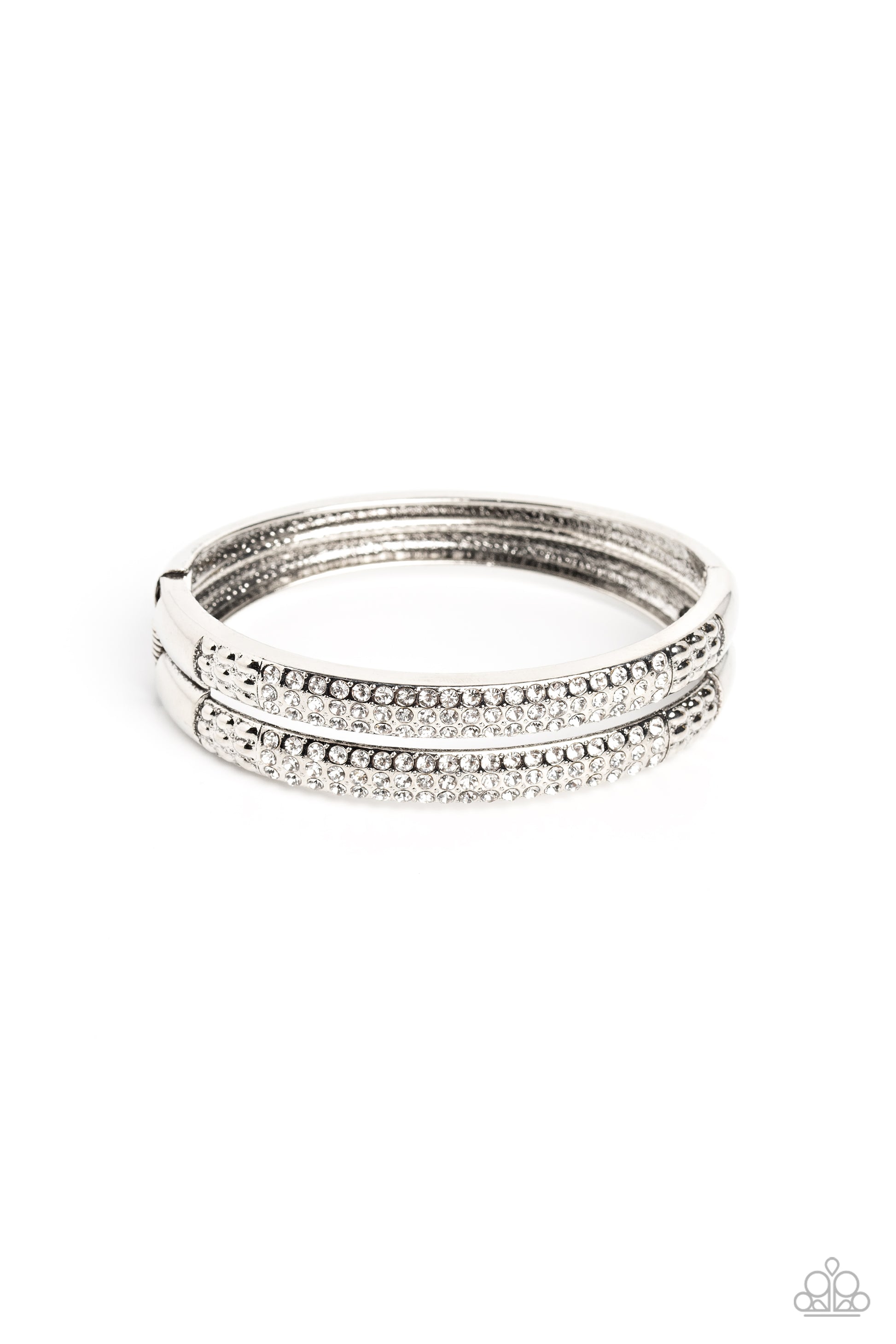 Paparazzi Accessories STACKED Up - White Three rows of dainty white rhinestones are encrusted along two thick silver layers as they stack upon the wrist. Rows of studded silver in a dot-motif border the glittery design for additional texture on the indust