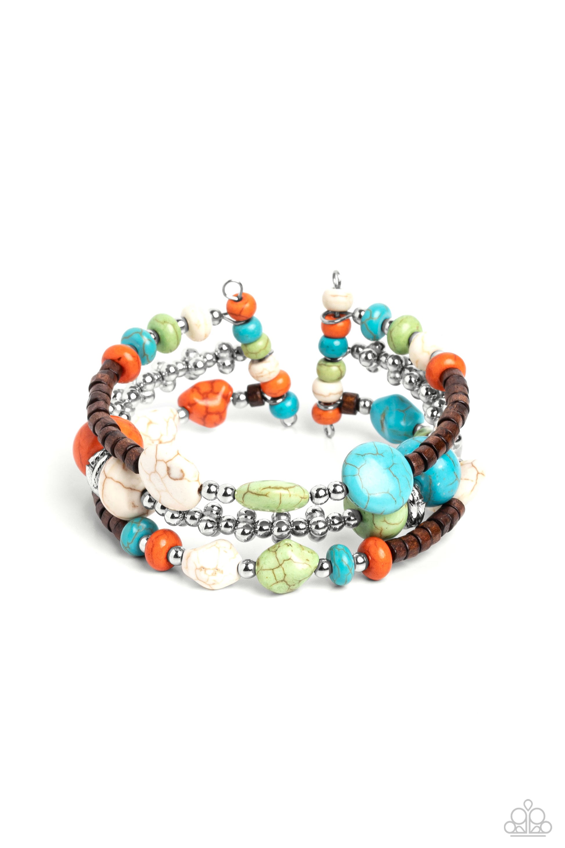 Paparazzi Accessories Operation Outdoors - Multi An earthy collection of brown wooden beads, classic silver beads and accents, and turquoise, orange, white, and apple green stones in varying sizes are threaded along invisible wires to create three bands t