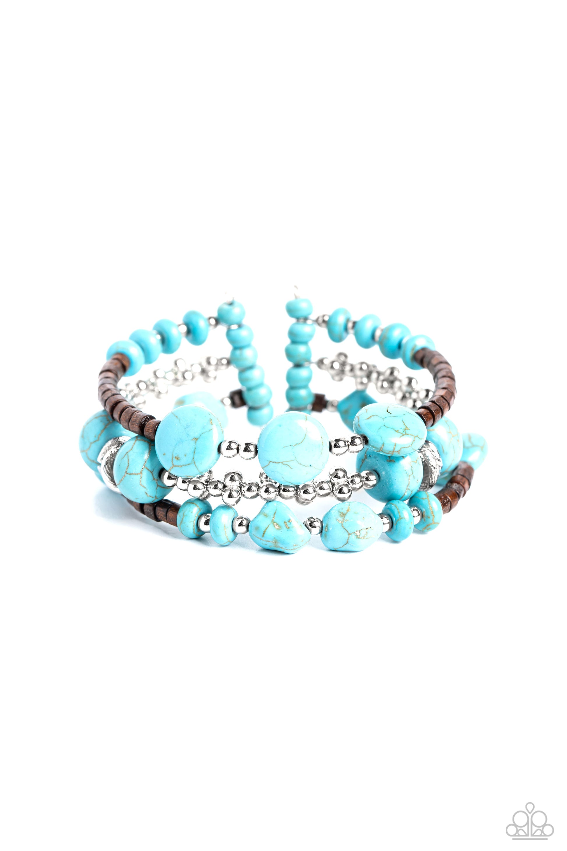 Paparazzi Accessories Operation Outdoors - Blue An earthy collection of brown wooden beads, classic silver beads and accents, and turquoise stones in varying sizes are threaded along invisible wires to create three bands that arc across the wrist. The ban