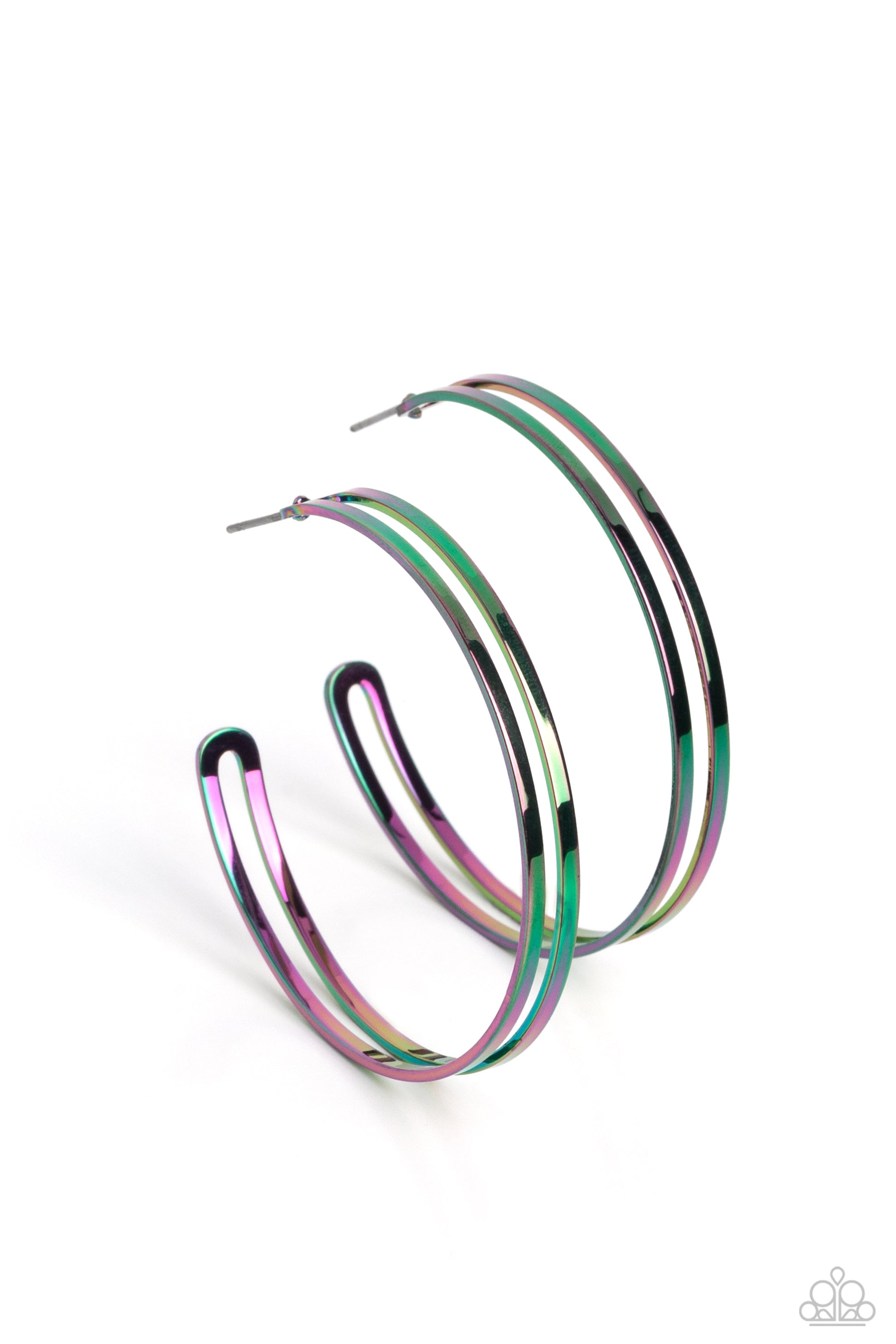 Paparazzi Accessories Stellar Sass - Multi Two crescent frames dipped in an oil spill shade delicately curve into a combined hoop at the ear for a geometric, stellar finish. Earring attaches to a standard post fitting. Hoop measures approximately 2" in di