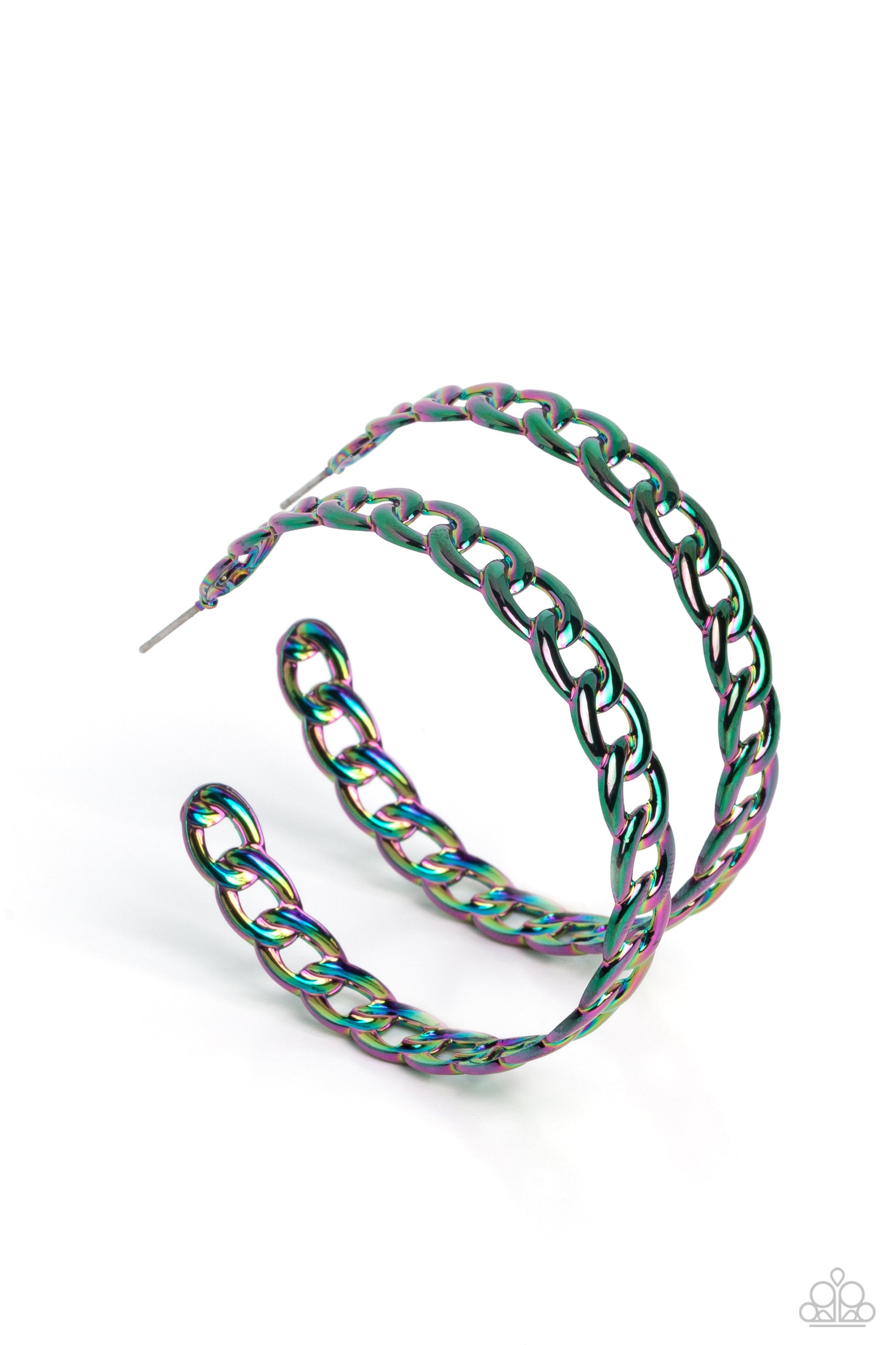 Paparazzi Accessories Galactic Glissando - Multi Featuring an oil spill shade, a curb chain delicately curves into a stellar hoop at the ear for a geometric finish. Earring attaches to a standard post fitting. Hoop measures approximately 2" in diameter. D