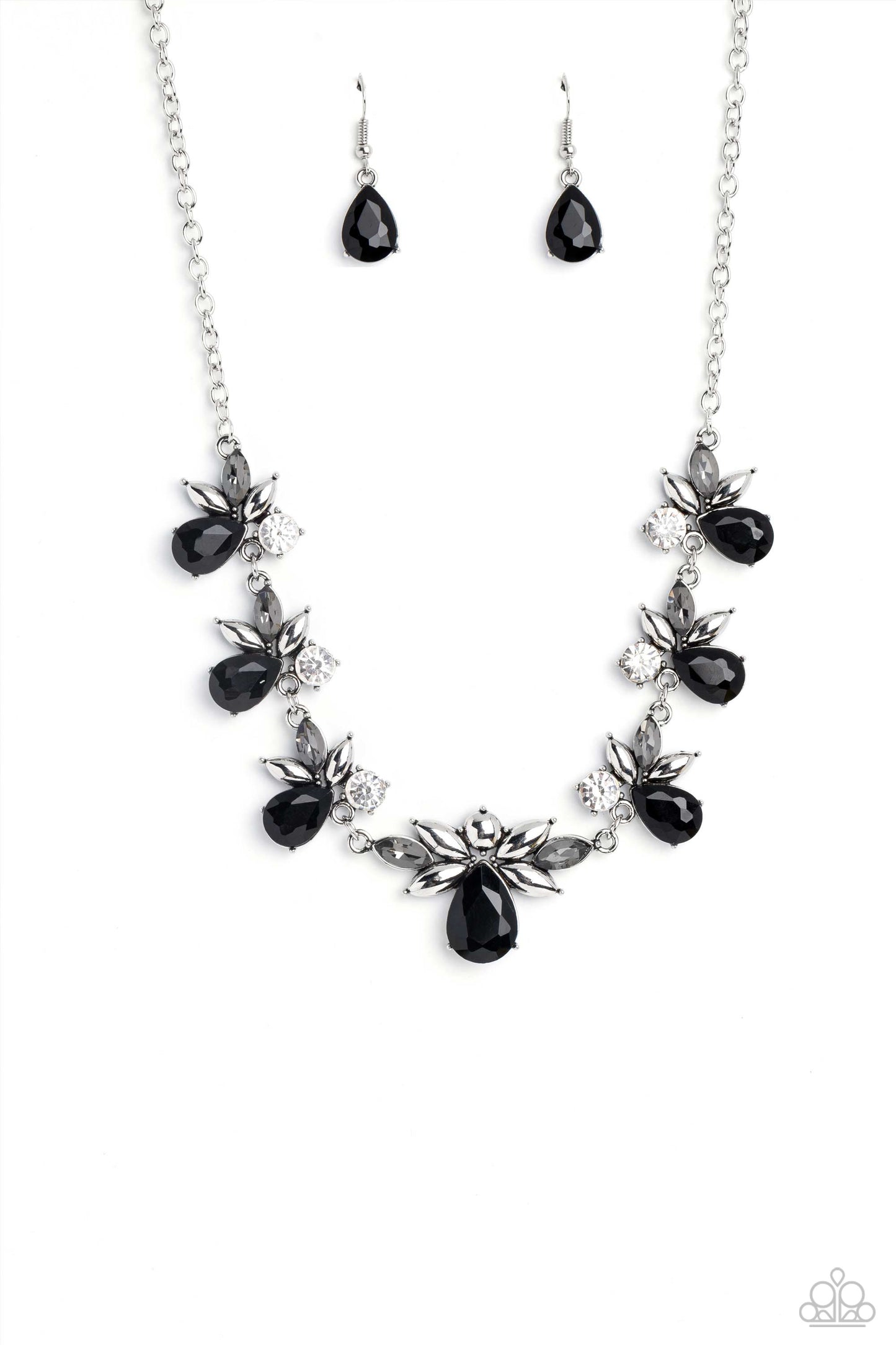 Paparazzi Accessories Explosive Effulgence - Black Black teardrops with explosions of white gems, and smoky marquise-cut gems fanning around it, elegantly trickle into refined clusters along a shimmery silver chain, creating a timeless geometric palette.