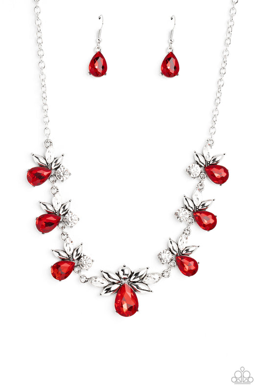 Paparazzi Accessories Explosive Effulgence - Red Vibrant red teardrops with explosions of white gems, and silver and white marquise-cut gems fanning around it, elegantly trickle into refined clusters along a shimmery silver chain, creating a timeless geom