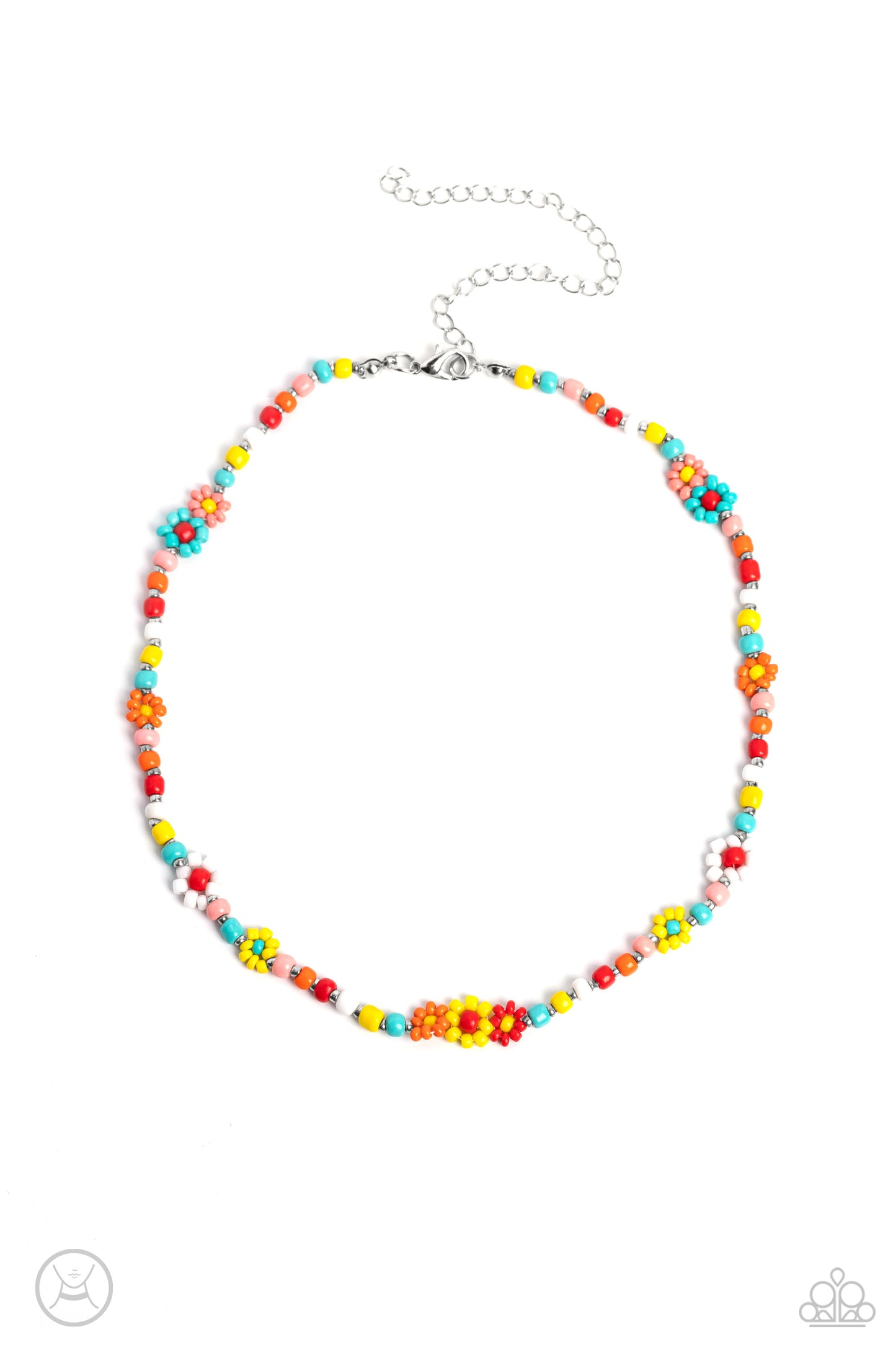 Paparazzi Accessories Flower Child Flair - Multi 1 Multicolored seed beads and silver accents are threaded along a wire, falling along the collar in a capricious pattern. Creating additional charm to the design, white, yellow, turquoise, orange, red, and