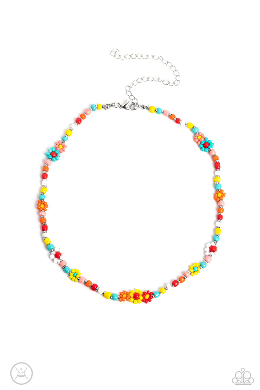Paparazzi Accessories Flower Child Flair - Multi 1 Multicolored seed beads and silver accents are threaded along a wire, falling along the collar in a capricious pattern. Creating additional charm to the design, white, yellow, turquoise, orange, red, and