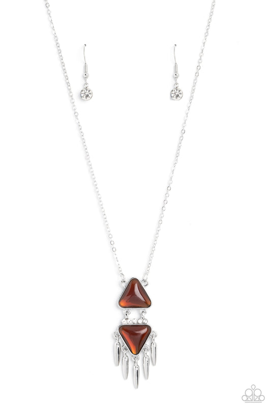 Paparazzi Accessories Under the FRINGE - Brown A dainty brown opalescent triangle stacks onto a similar-sized, upside down triangle in the same hue, creating an edgy geometric silver pendant. Encrusted along the airy space between the two triangles, a row