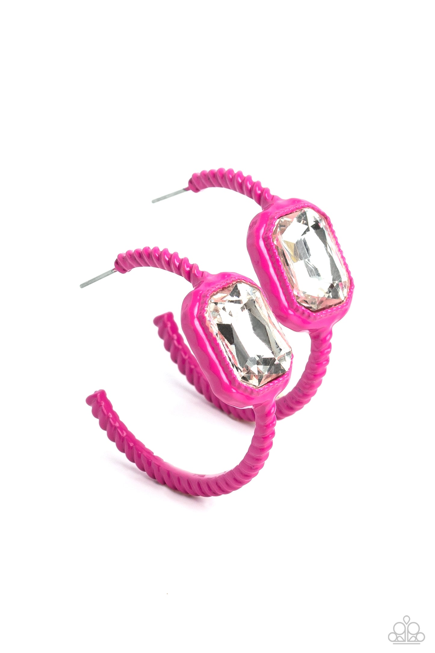 Paparazzi Accessories Call Me TRENDY - Pink Textured metal dipped in a vibrant pink shade curls around the ear for a fashion-forward statement. A radiant, emerald-cut white gem is embedded near the top of the curve of color for a touch of sparkle. Earring
