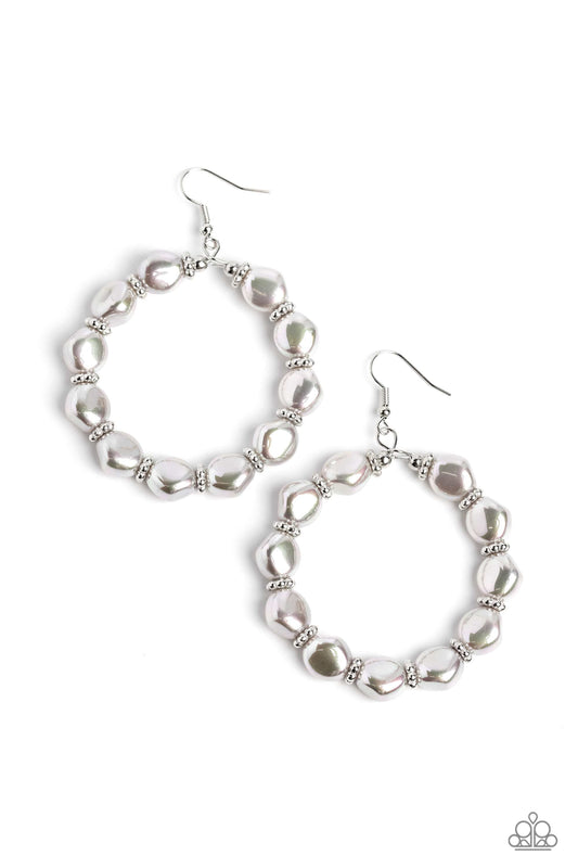 Paparazzi Accessories The PEARL Next Door - Silver A classy row of iridescent-sheen silver baroque pearls are threaded along an oversized hoop for a posh finish around the ear. Spaced between the pearly collection, silver wheel beads shimmer for an additi