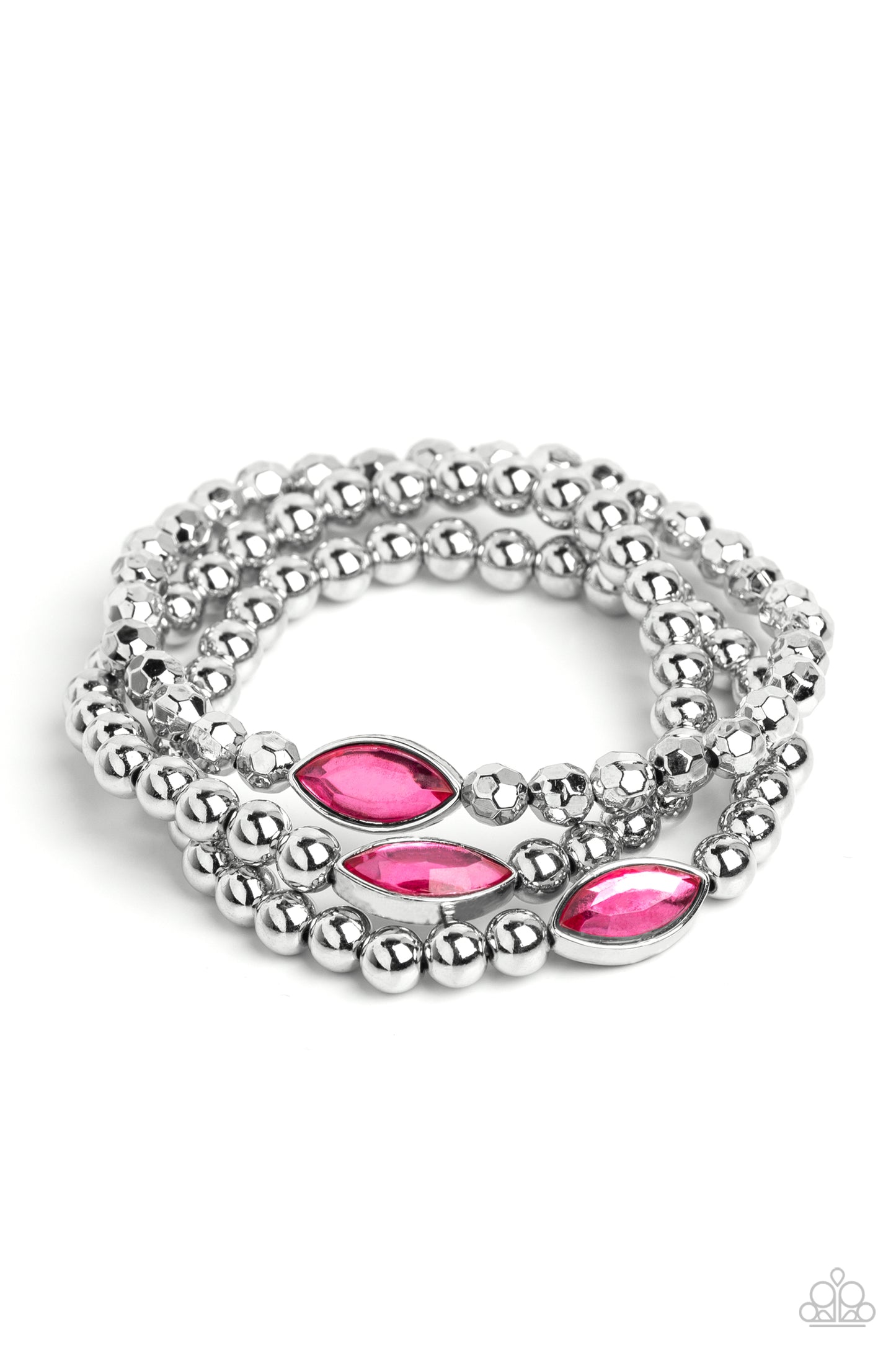 Paparazzi Accessories Twinkling Team - Pink Featured in the center of a faceted and smooth silver beaded display, a dazzling Pink Peacock, marquise-cut gem pressed in a sleek silver frame wraps around the wrist on elastic stretchy bands for a classy state
