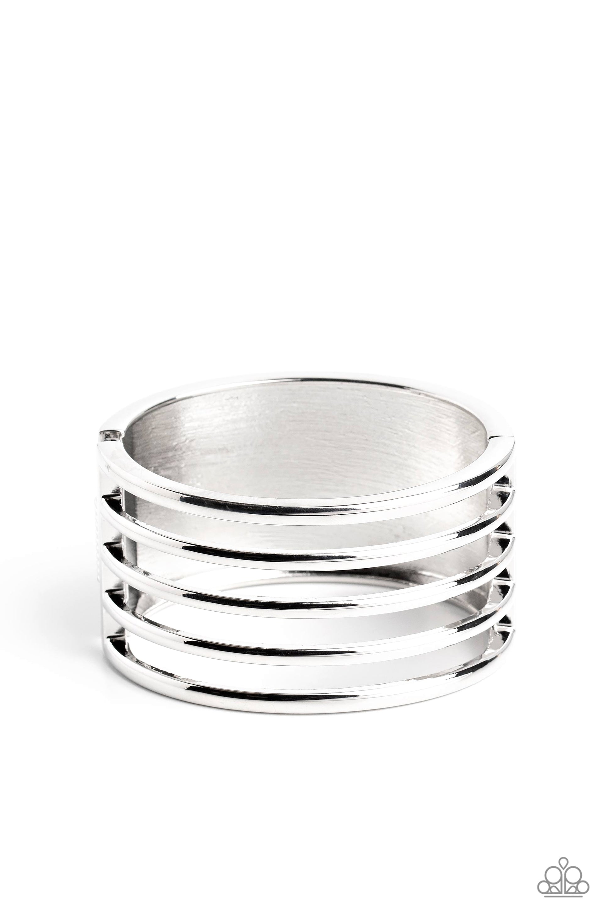 Paparazzi Accessories Wayward Warrior - Silver Stemming from a thick silver cuff, glistening bars of silver arc across the top of the wrist for a warrior-worthy finish. Features a hinged closure. Sold as one individual bracelet. Jewelry