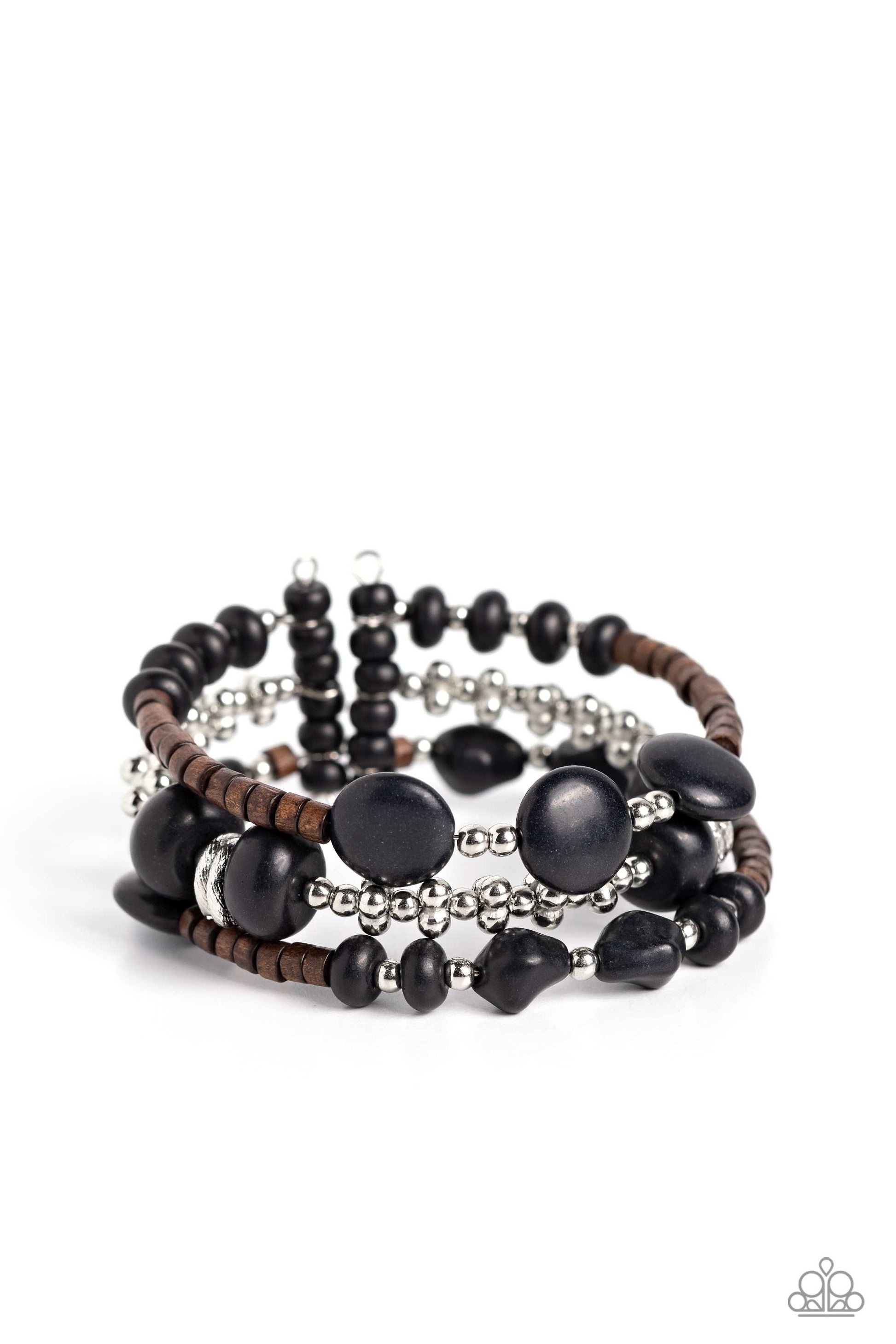 Paparazzi Accessories Operation Outdoors - Black An earthy collection of brown wooden beads, classic silver beads and accents, and black stones in varying sizes are threaded along invisible wires to create three bands that arc across the wrist. The bands