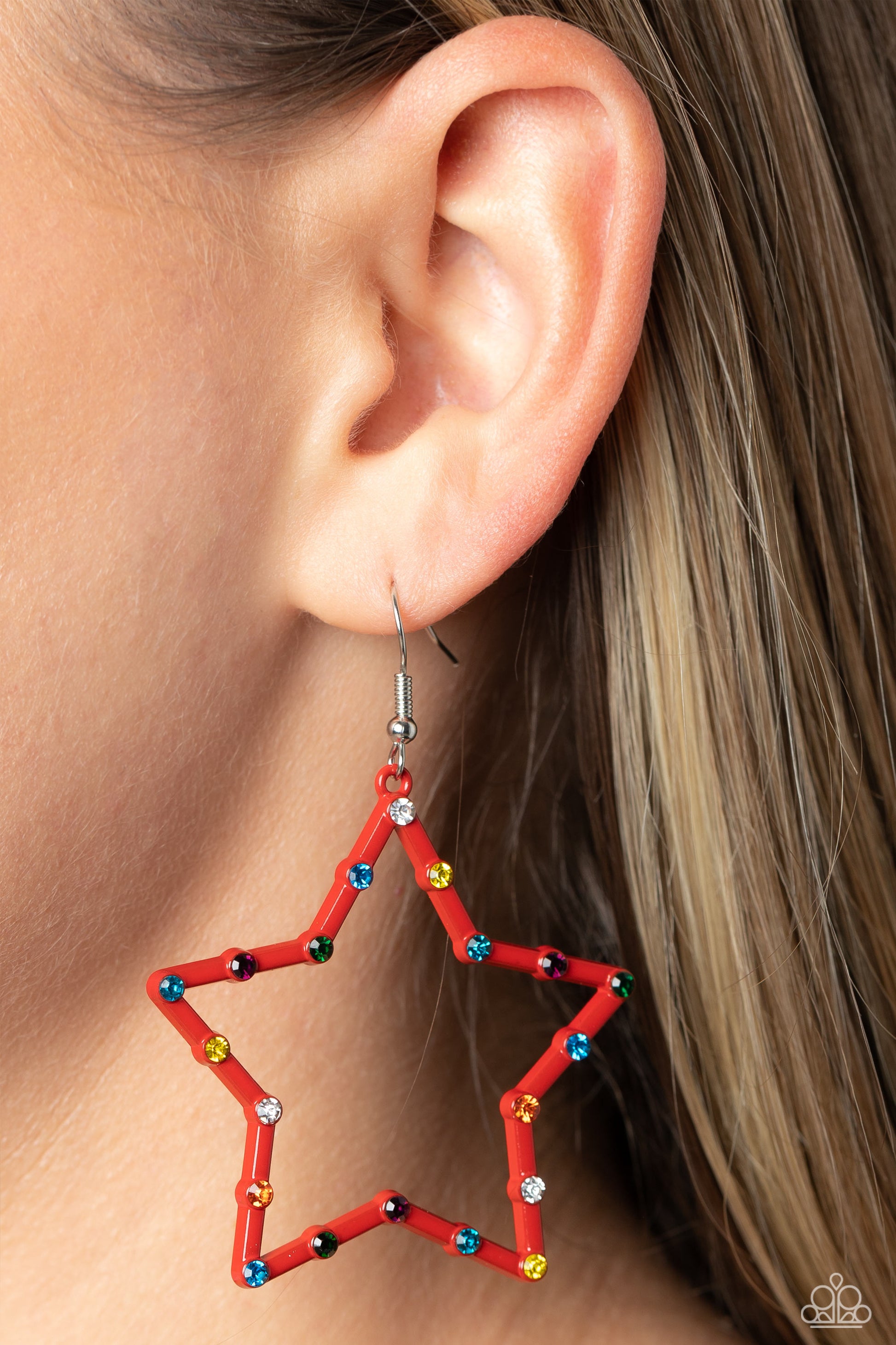 Paparazzi Accessories Confetti Craze - Red Red star frames, dotted with dainty colorful rhinestones, reflects light off its colored surface for a fashion-forward statement. Earring attaches to a standard fishhook fitting. Sold as one pair of earrings. Jew