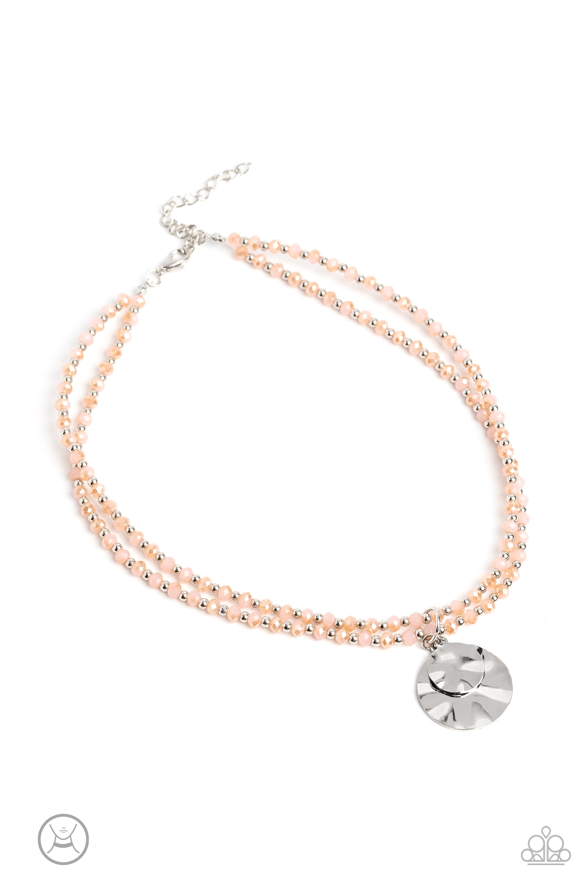 Paparazzi Accessories Compacted Cosmos - Pink Two strands of faceted pink beads, brushed in a pink reflective coating, alternate with silver studs as they coalesce around the collar for a vibrant pop of color. Two hammered silver discs in varying sizes da