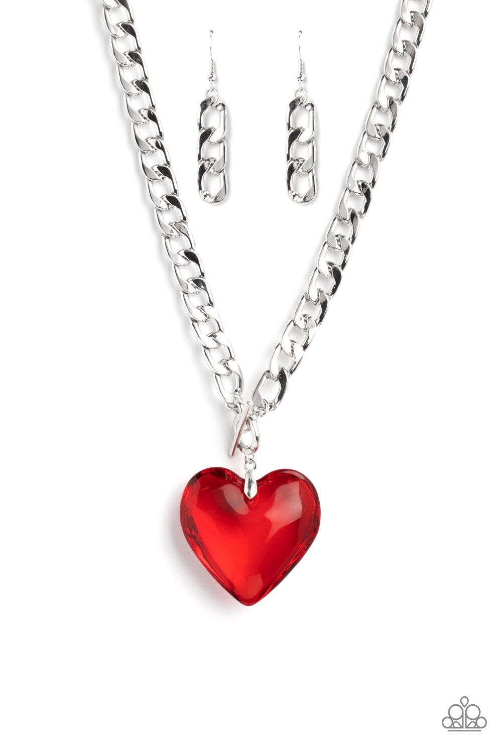 Paparazzi Accessories GLASSY-Hero - Red Featuring a glossy finish, an oversized, rich, red heart gem swings from the bottom of a thick silver curb chain below the collar for a romantic declaration. Features a toggle closure. Sold as one individual necklac