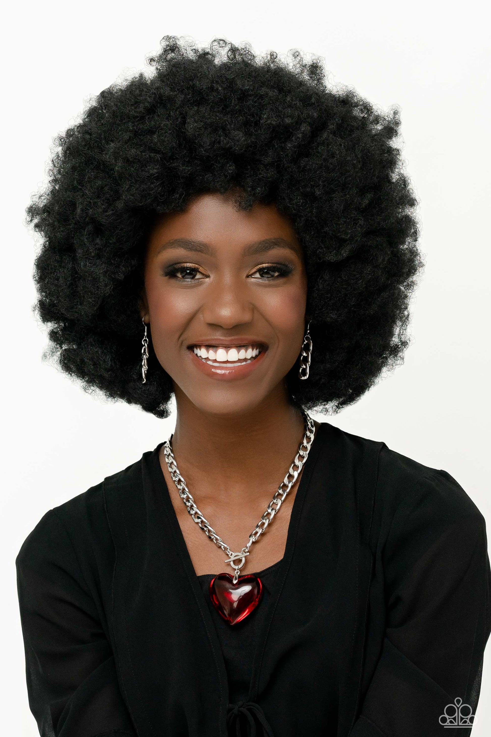 Paparazzi Accessories GLASSY-Hero - Red Featuring a glossy finish, an oversized, rich, red heart gem swings from the bottom of a thick silver curb chain below the collar for a romantic declaration. Features a toggle closure. Sold as one individual necklac