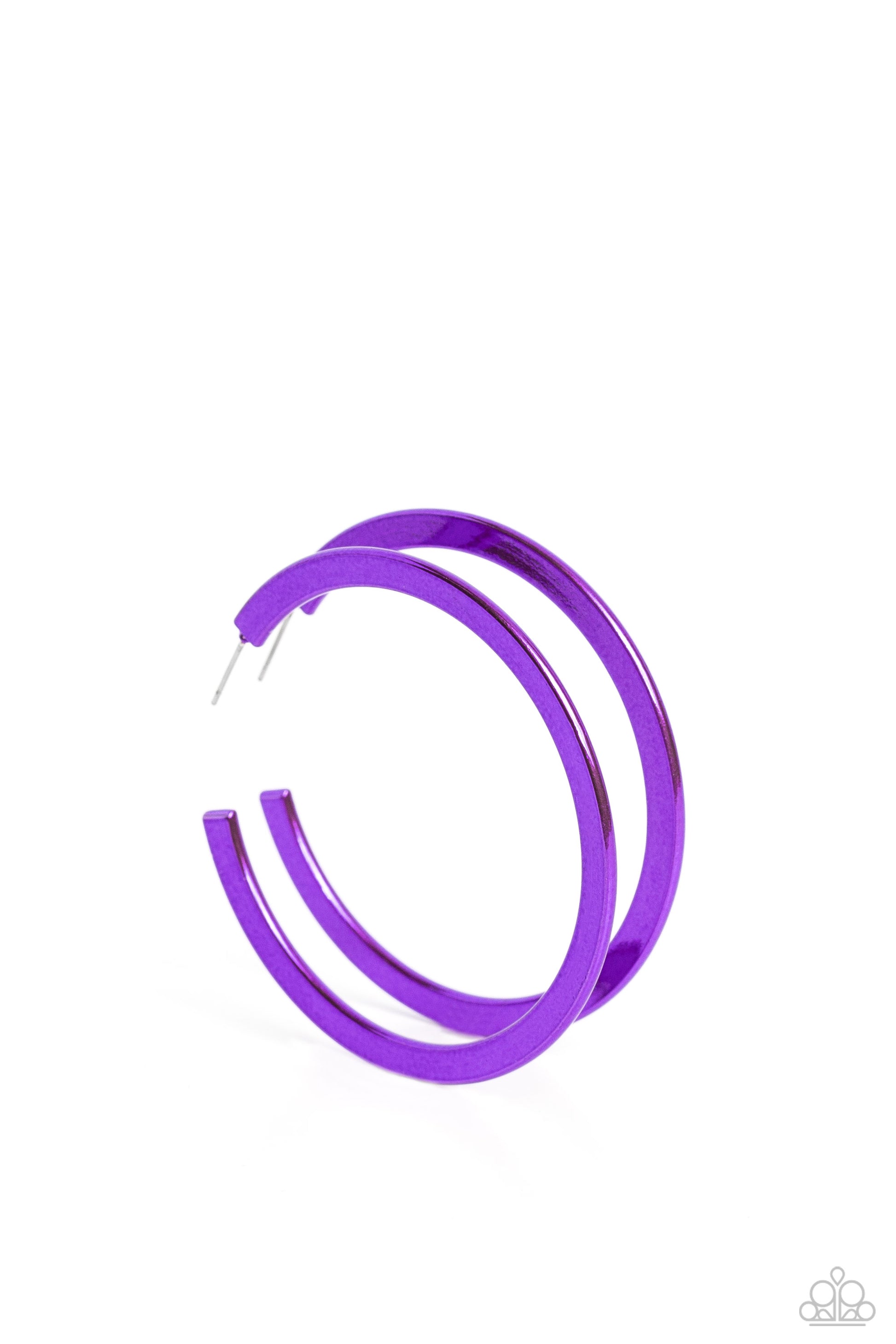 Paparazzi Accessories Pop HOOP - Purple A flat, vibrant purple bar curls around the ear, creating an off-the-chart shine. Earring attaches to a standard post fitting. Hoop measures 2 1/4” in diameter. Sold as one pair of hoop earrings. Jewelry