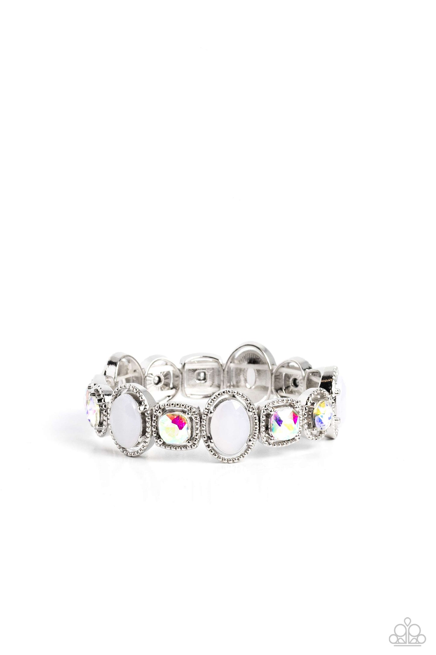 Paparazzi Accessories Fashion Fairy Tale - White Pressed in the center of pronged and studded thick silver oval, circular, and square frames, iridescent gems and milky white beads alternate around the wrist on elastic stretchy bands for a refined, geometr