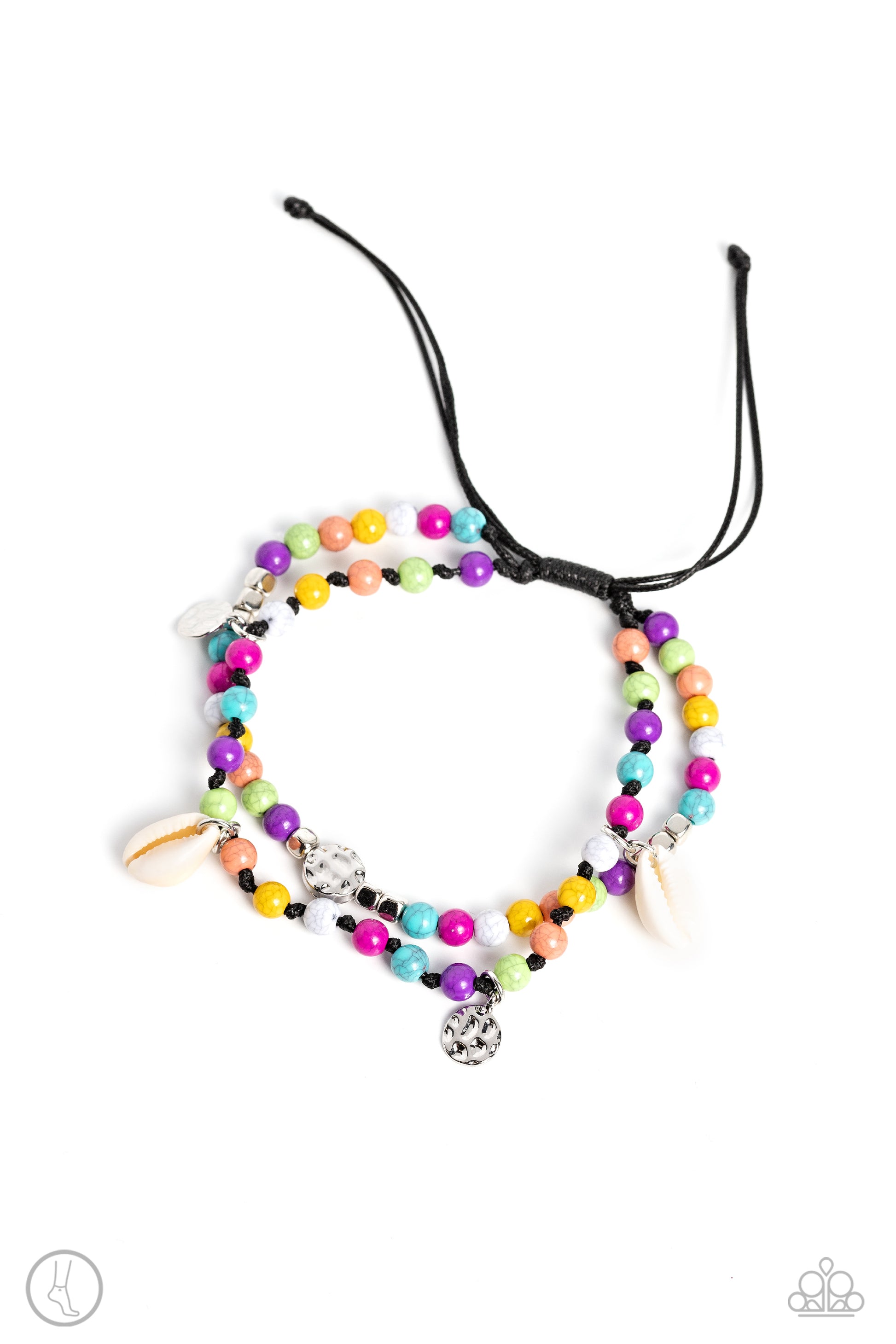 Paparazzi Accessories Buy and SHELL - Multi A coastal collection of silver cubes, colorful stone beads, cowrie shells, silver discs, and hammered silver beads slide along a shiny black cord around the ankle for a whimsical look. Features an adjustable sli