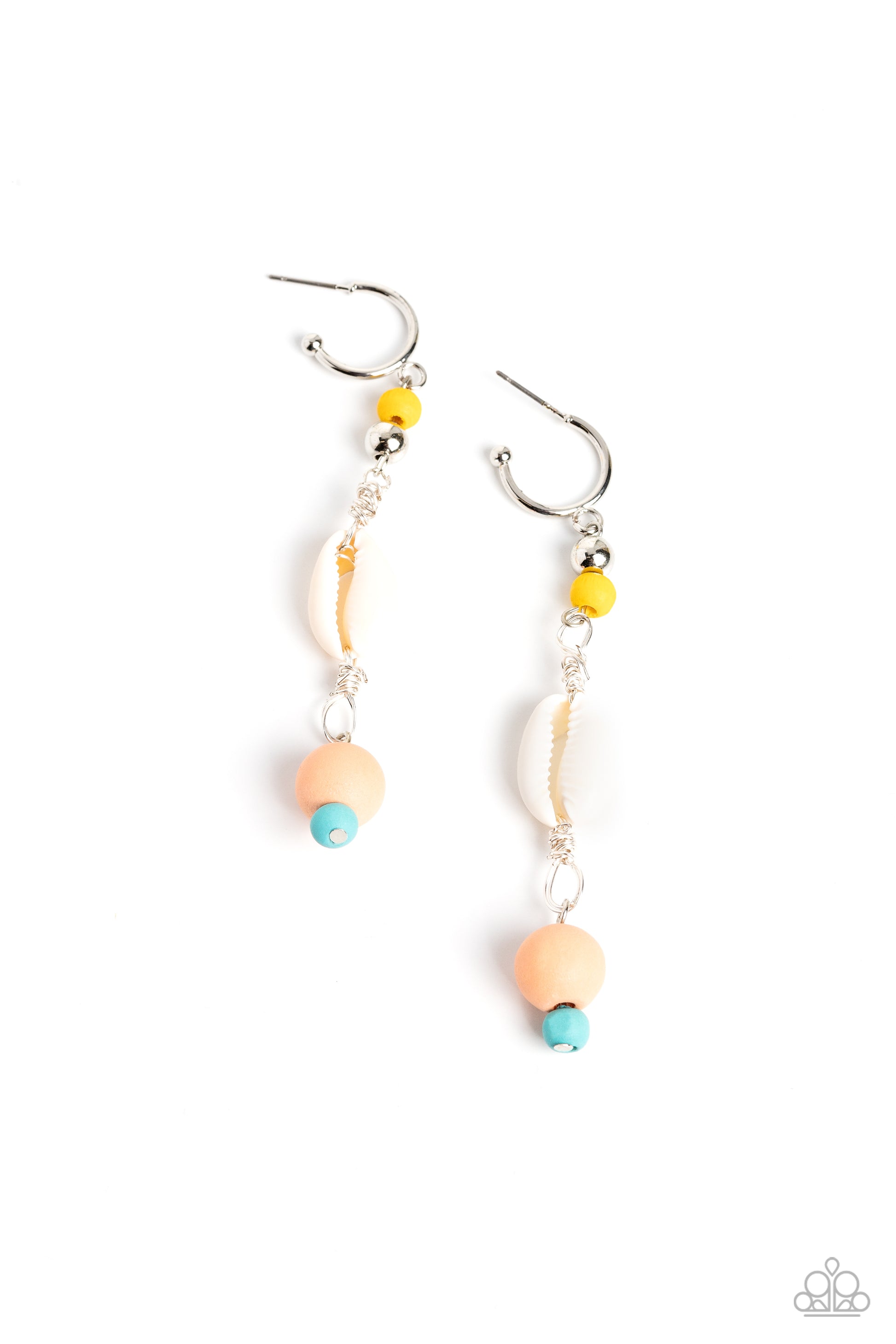 Paparazzi Accessories Coastal Cowabunga - Multi Yellow, coral and turquoise wooden beads in varying sizes, silver accents, and a white cowrie shell cascade from a high-sheen silver hoop creating the perfect, coastal combo below the ear. Earring attaches t