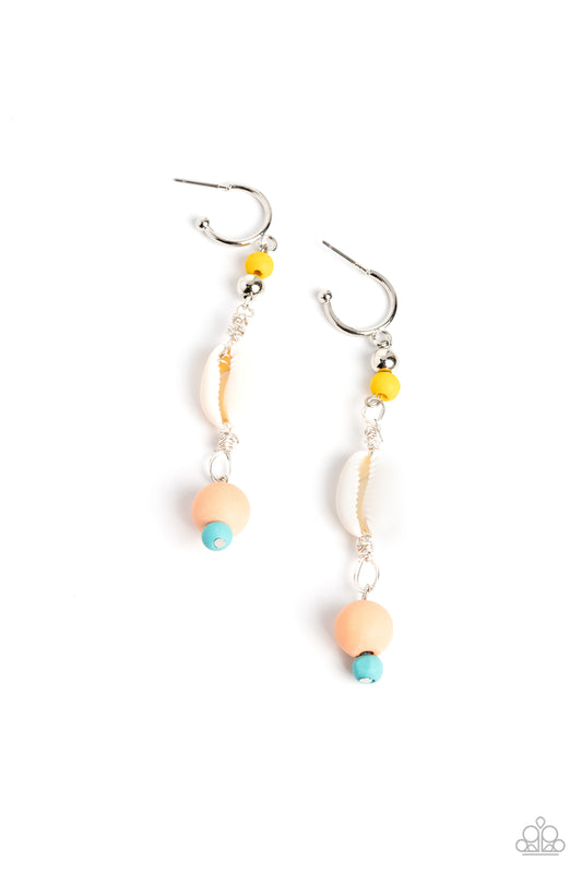 Paparazzi Accessories Coastal Cowabunga - Multi Yellow, coral and turquoise wooden beads in varying sizes, silver accents, and a white cowrie shell cascade from a high-sheen silver hoop creating the perfect, coastal combo below the ear. Earring attaches t