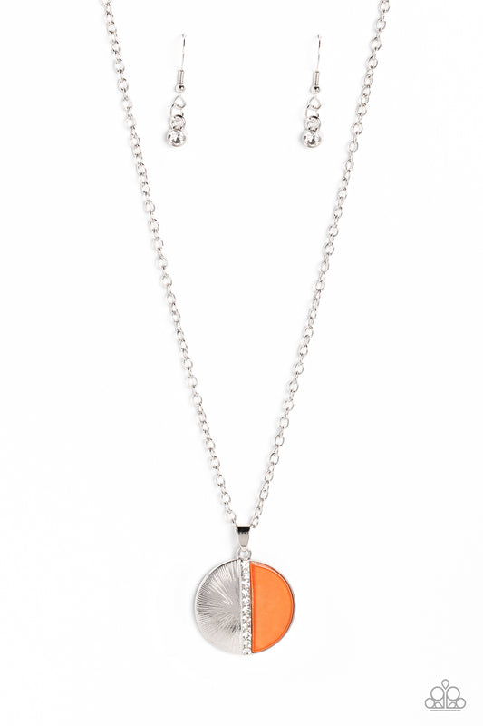 Paparazzi Accessories Captivating Contrast - Orange Embossed in radiant linear textures, a half-circle silver frame is nestled next to a half-circle coral shell for a colorful finish. White rhinestones dot down the center of the pendant for a spritz of gl