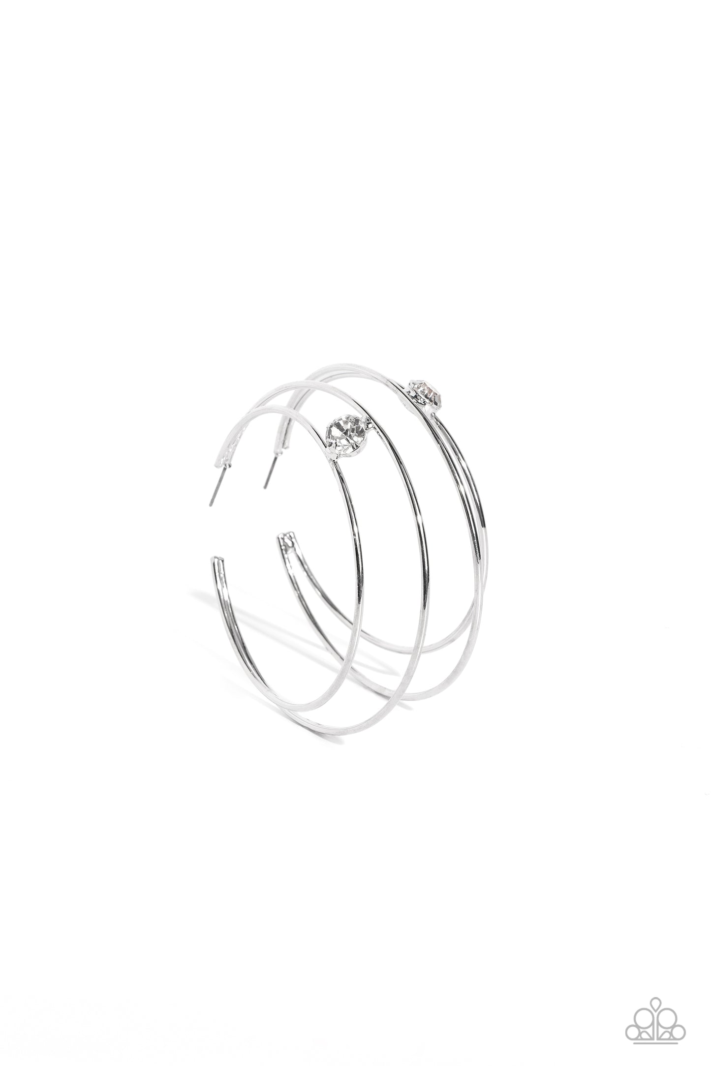 Paparazzi Accessories Theater HOOP - White Lodged between two dainty silver crescent frames that curve into double hoops, a faceted white rhinestone rests for a delicate shimmer near the ear. Earring attaches to a standard post fitting. Hoop measures appr