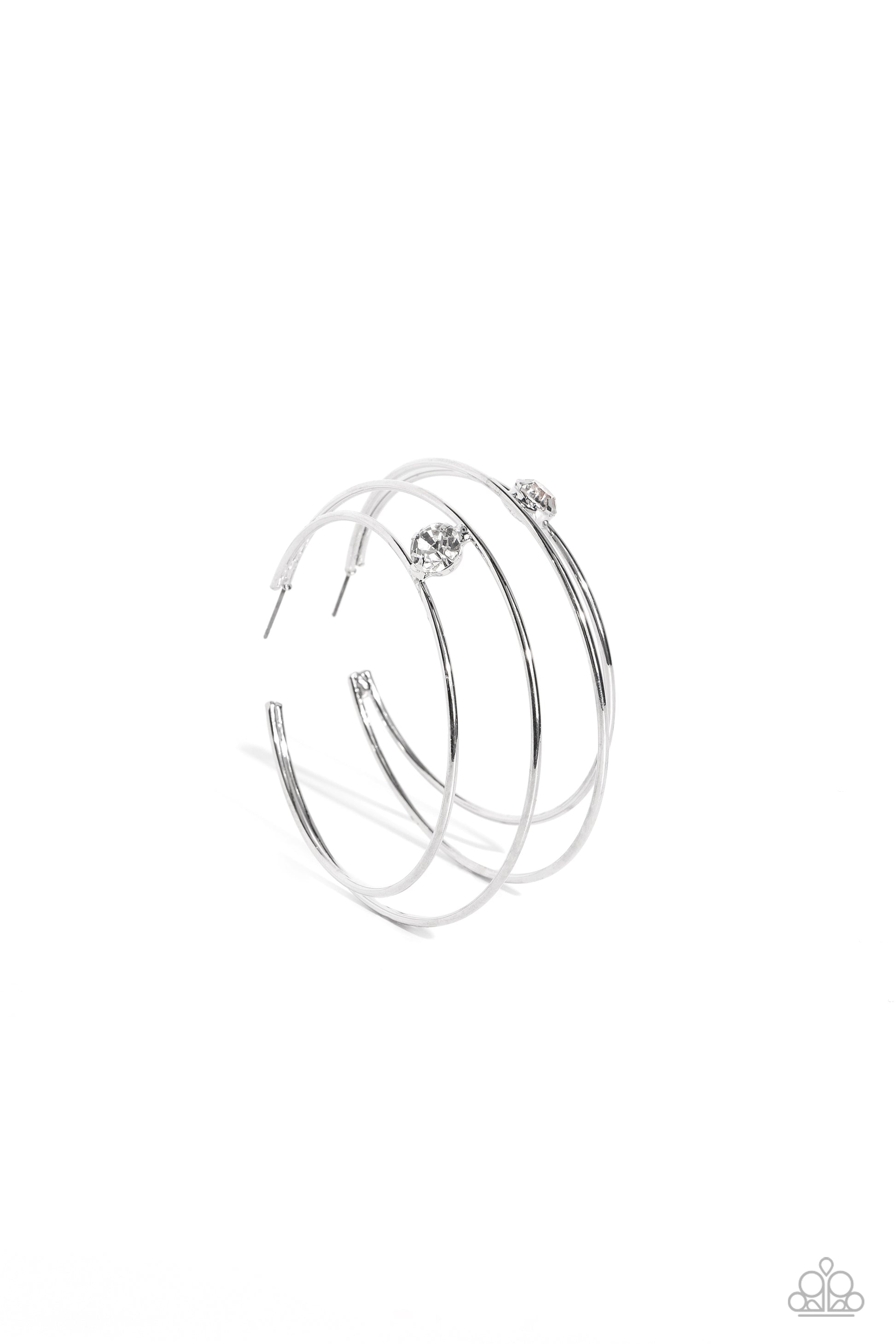 Paparazzi Accessories Theater HOOP - White Lodged between two dainty silver crescent frames that curve into double hoops, a faceted white rhinestone rests for a delicate shimmer near the ear. Earring attaches to a standard post fitting. Hoop measures appr