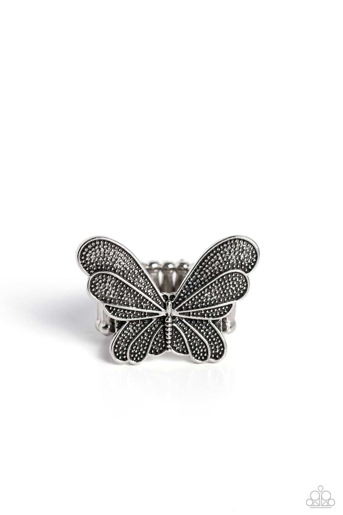 Paparazzi Accessories Fairy Wings - Silver A silver butterfly adorned in a playful silver dot motif floats on the finger evoking a whimsical style. Features a stretchy band for a flexible fit. Sold as one individual ring. Jewelry
