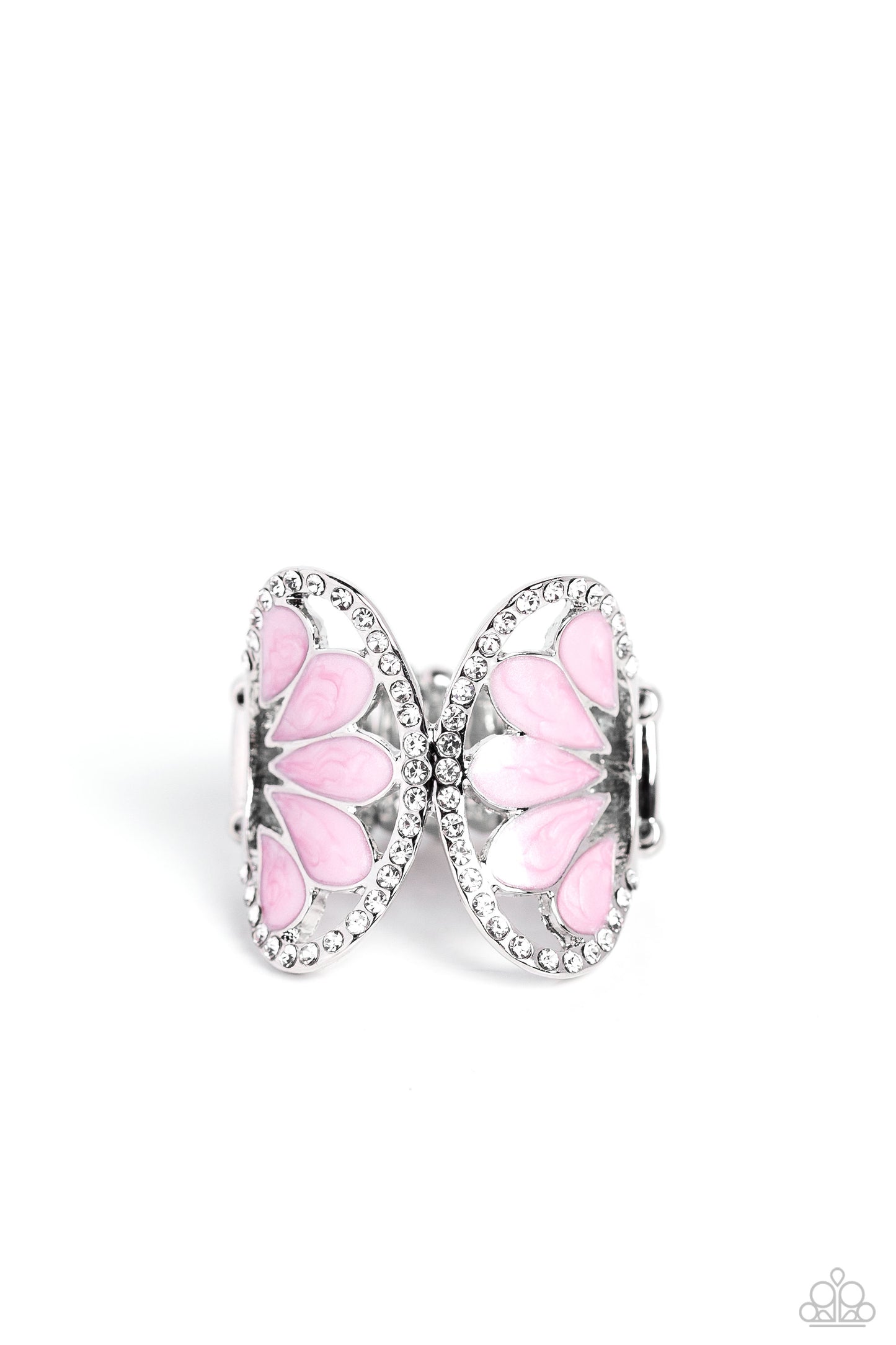 Paparazzi Accessories Concaved Catwalk - Pink Two concaved half circle frames dotted with dainty white rhinestones meet in the center to create a glittering centerpiece atop the finger. Set in the airy frames, teardrops featuring light pink pearly paint i