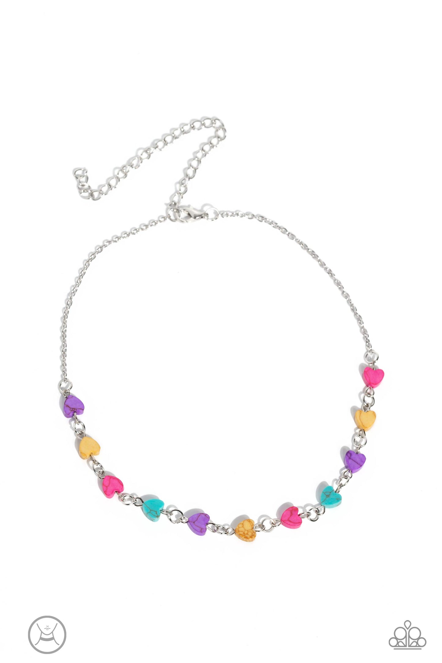 Paparazzi Accessories Wild at Heart - Pink Heart-shaped stones in shades of hot pink, yellow, purple and turquoise dances along a dainty, shimmery silver chain below the collar for a romantic finish. Features an adjustable clasp closure. As the stone elem