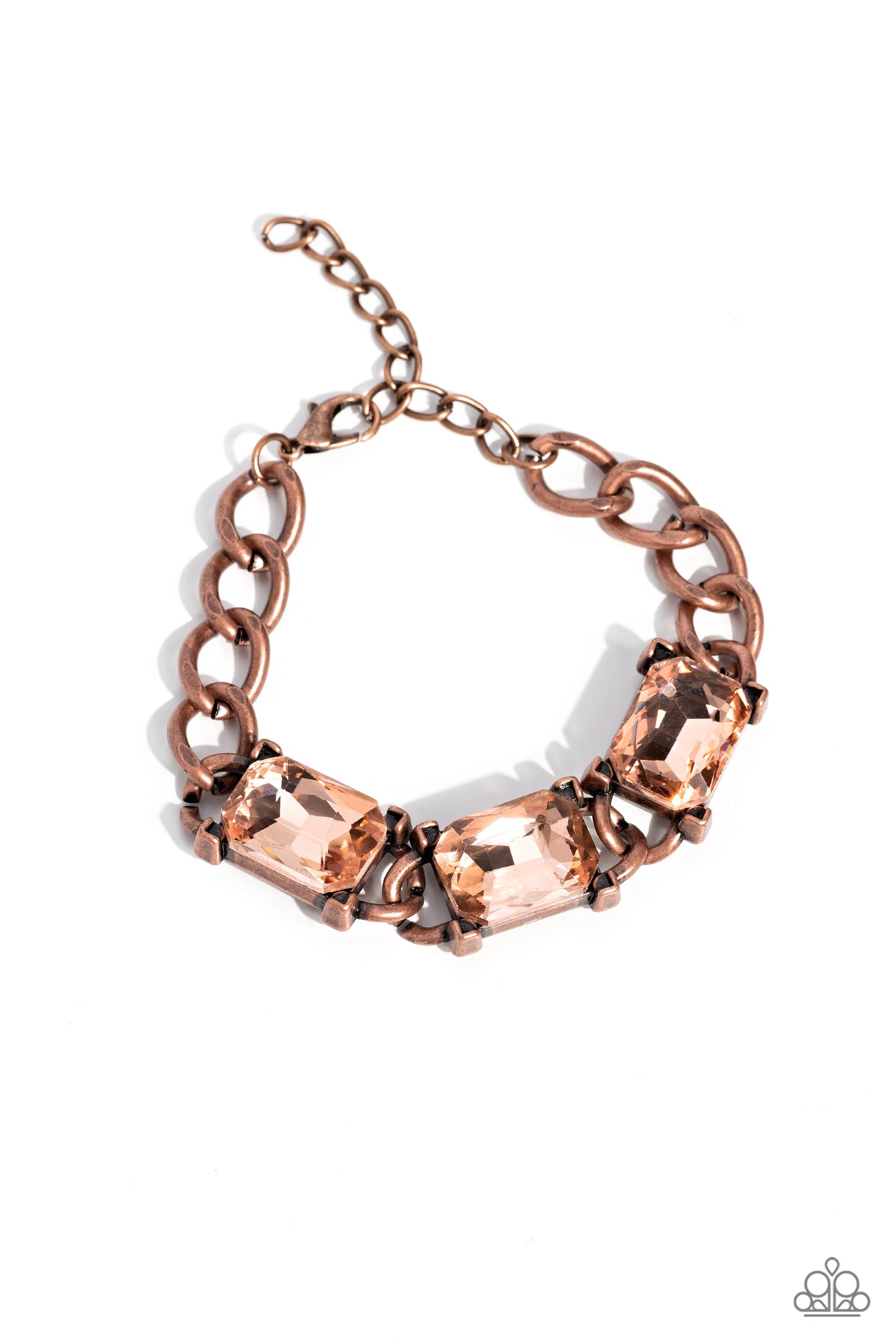 Paparazzi Accessories Dazzling Debut - Copper A trio of gleaming, radiant-cut, peachy gems encased in thick copper frames, wraps boldly around the wrist on a thick copper curb chain for an edgy statement. Features an adjustable clasp closure. Sold as one