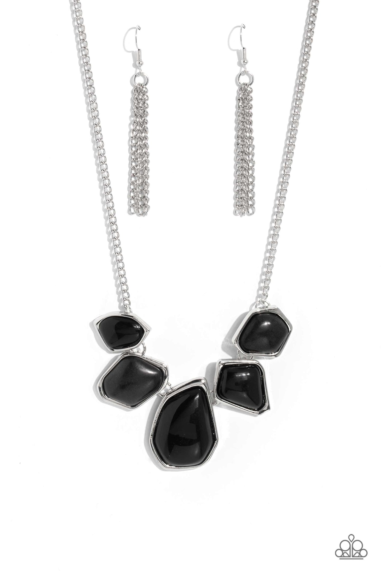 Paparazzi Accessories Beyond the Badlands - Black A collection of black defaced stones and acrylic beads are encased in sleek silver frames which link together past the collar. The irregular-shaped designs, suspended from silver chains, make a dynamically