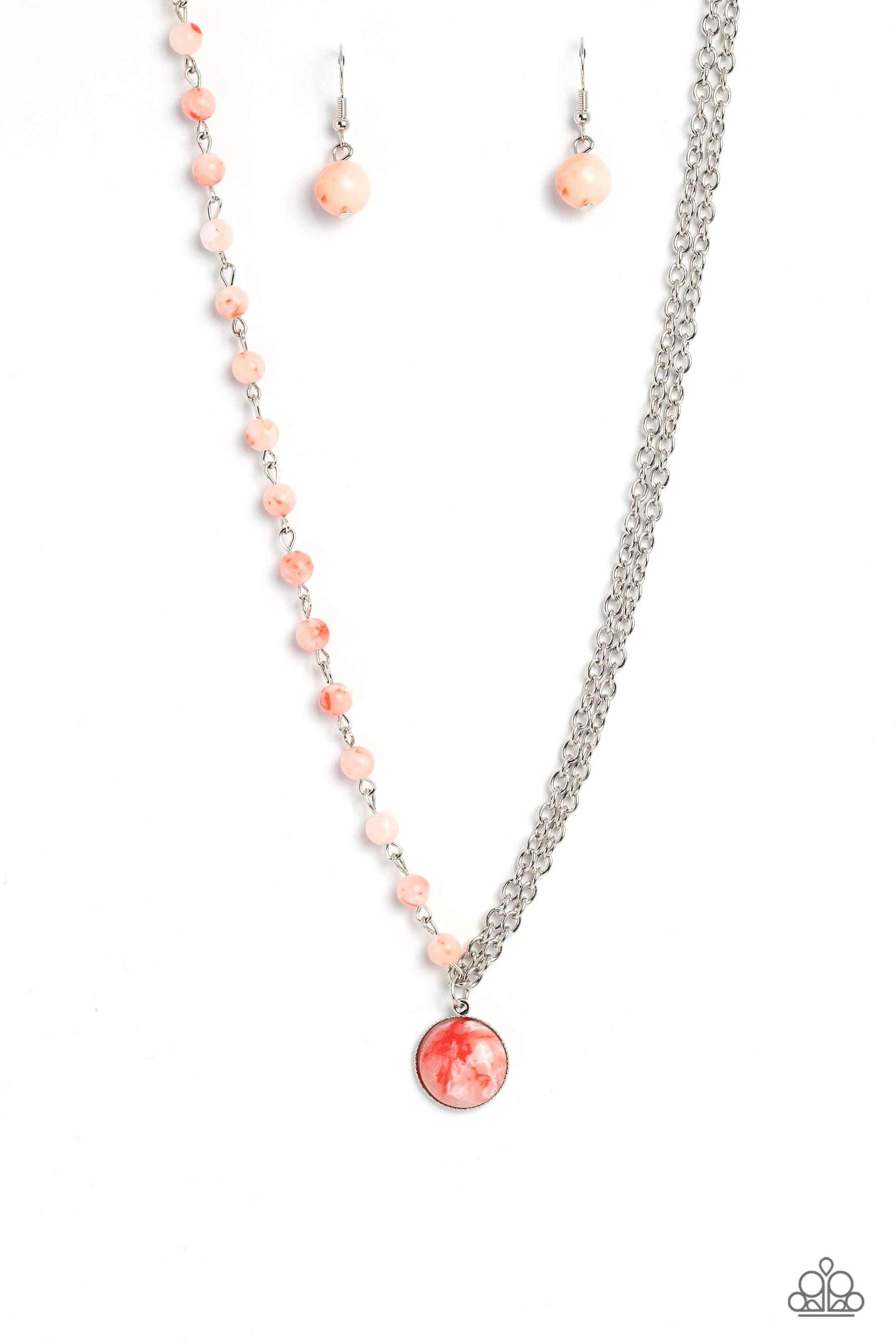 Paparazzi Accessories Local Legend - Orange Dangling from a classic silver chain, an orange stone, spotted with multicolored specks rests below the collar. A silver chain, infused with stony beads in the same orange, spotted hue adds further earthiness to