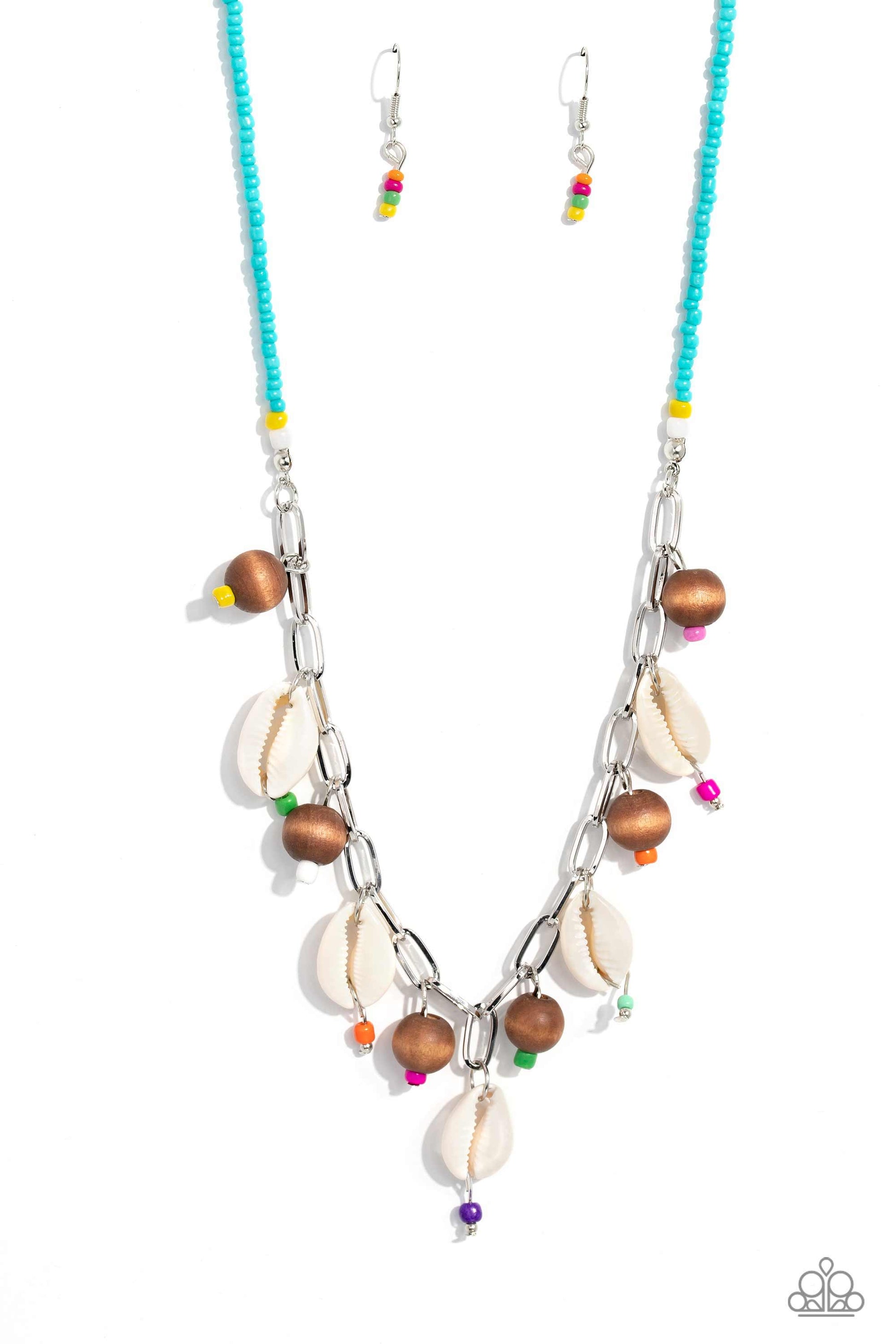 Paparazzi Accessories BEACH for the Sun - Blue Vibrant blue, white, and yellow seed beads connect to a silver link chain. Dangling along the silver links, wooden beads and cowrie shells alternate for a beach-inspired statement. Colorful seed beads dangle